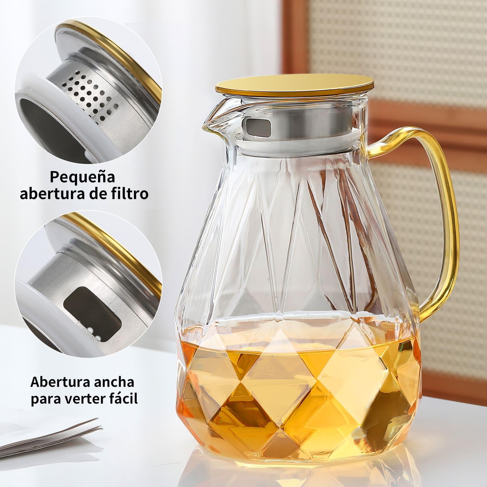 MESNEY Jarra de Agua Cristal con Filtro 1600ml con Tapa, Vidrio de Borosilicato Resistente al Calor, Jarra de Agua Cristal para Té o Zumo Frío y Caliente para Cocina o Nevera