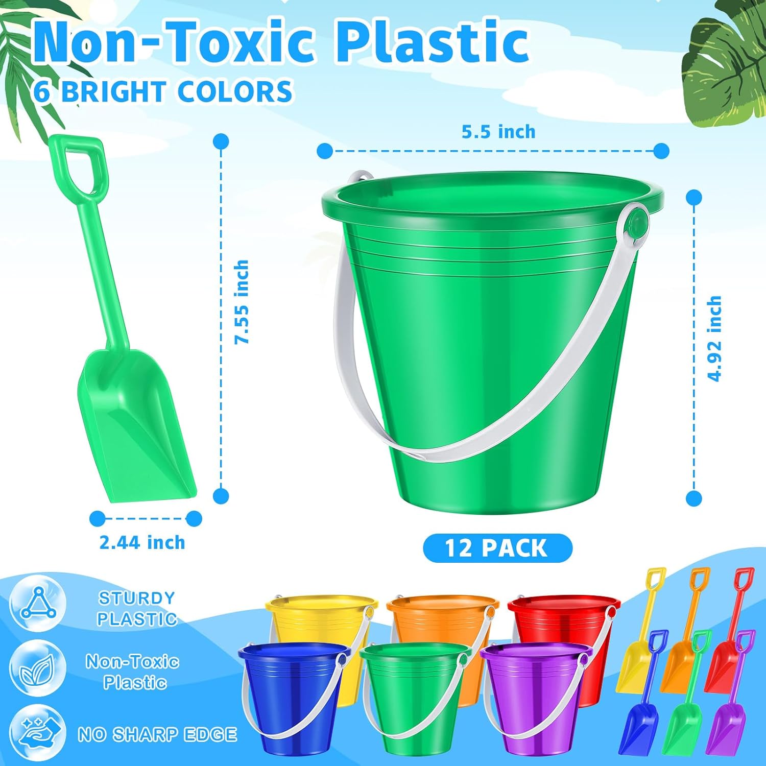 Gemscream 12 Sets End of Year Student Gifts 5'' Sand Bucket with Beach Pails Postcards Ribbons for Summer Vacation Plastic Buckets Fun Water Bucket Summer Party Accessory for Pool Outdoor, 6 Colors