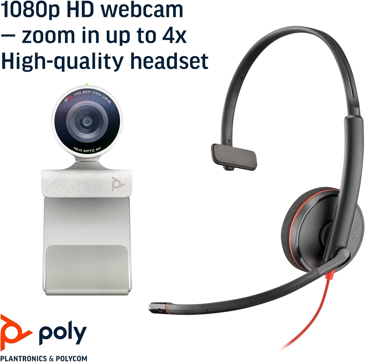 Plantronics Poly - Studio P5 Webcam with Blackwire 3210 Headset Kit Polycom - 1080p HD Professional Video Conferencing Camera & Single-Ear Wired Headset USB-A - Certified for Zoom & Teams