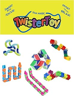 Fidget Sensory Kit 6 Piece Twisters Sensory Stimulation Twist to Focus Pack Including Genuine Tangle Jr Snake Cube Fidget Puzzle Snap N Click Wacky Track Fidgets Wooden Snake Fidget Puzzle