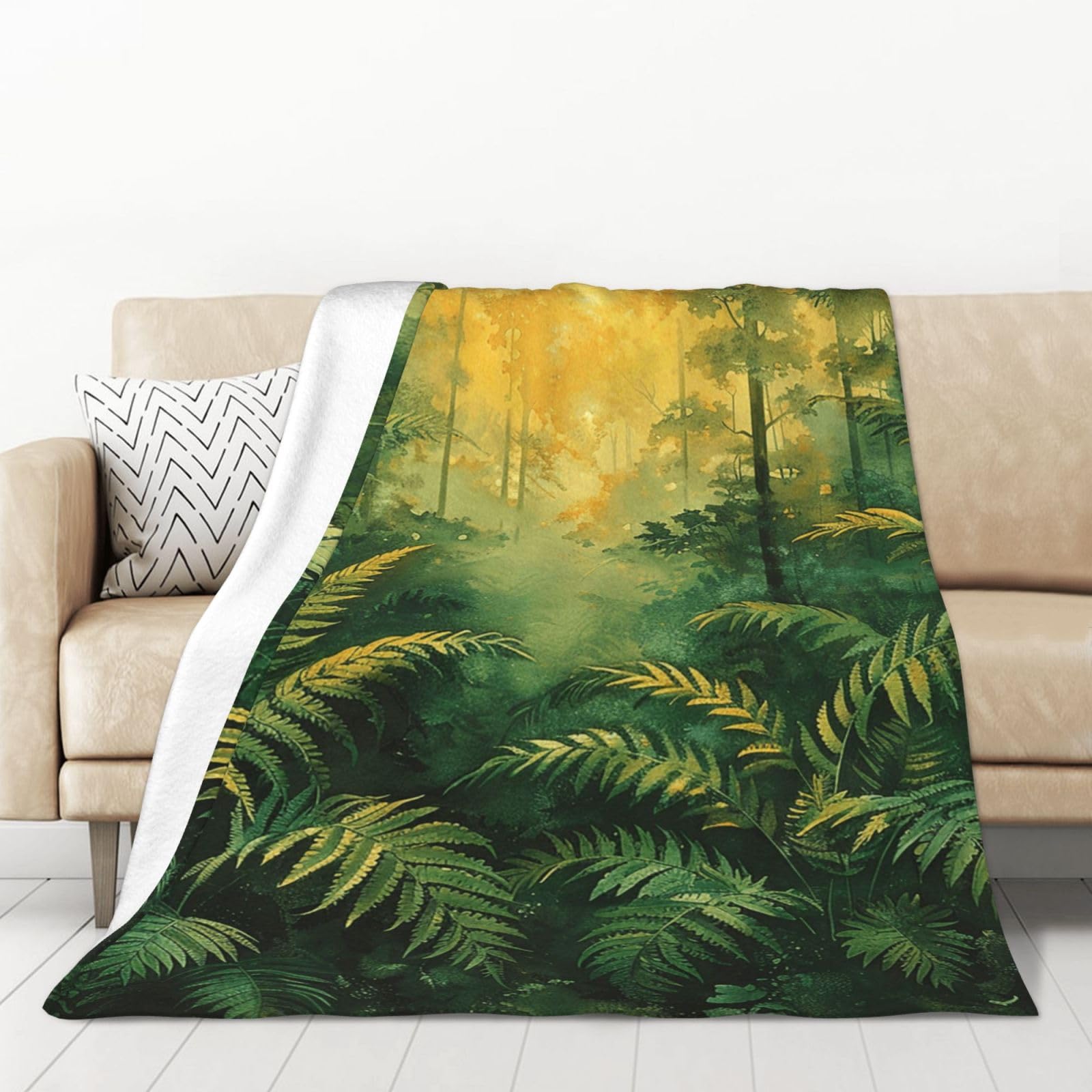 PAQOLSMCKR Throw Blanket Ferns Flannel Blankets for Sofa Reversible Plush Blanket Soft Cozy Throw Blankets for Couch Camping All Seasons