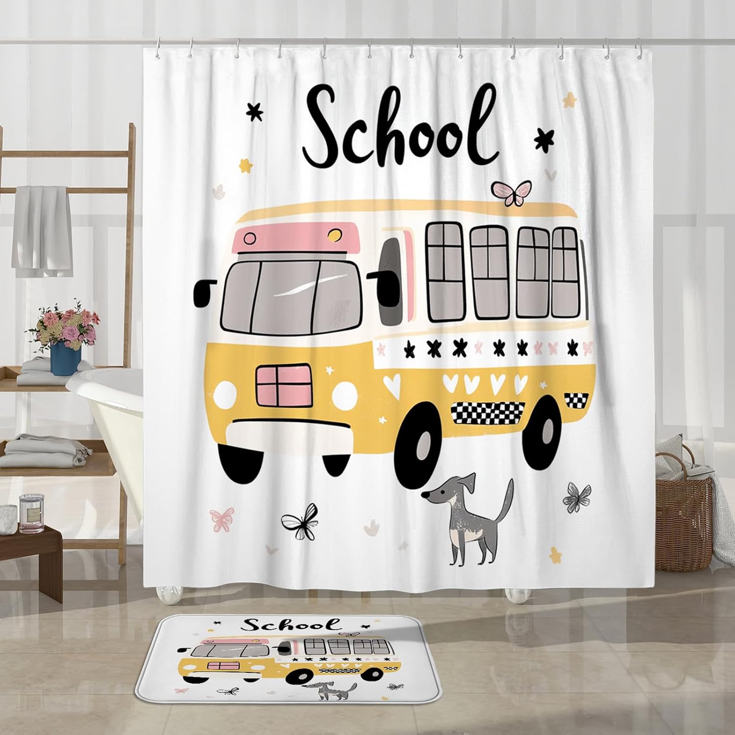4PCS Cartoon Greyhound Dog Bathroom Accessory Sets with Non-Slip Rug, U Shape and Toilet Lid Cover Mat, Kid School Bus Bathroom Fabric Decor-72''x72''