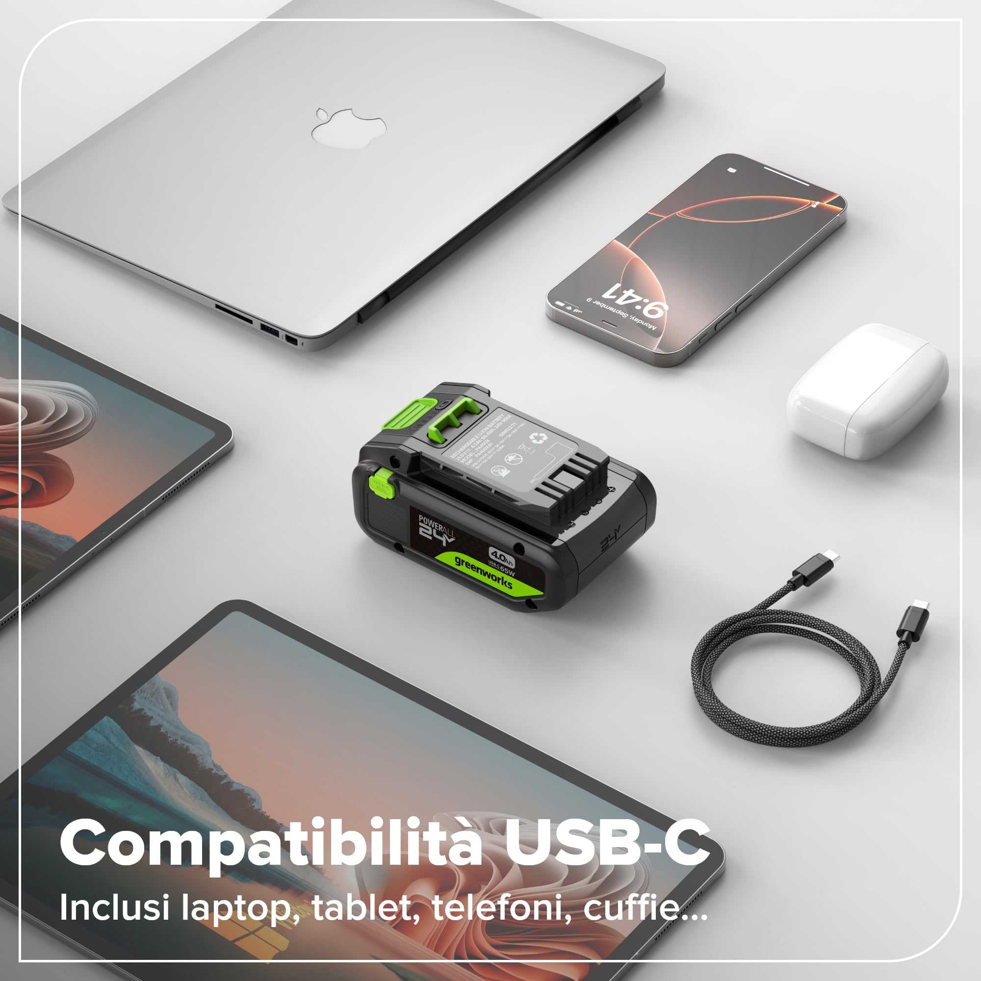 Greenworks 2Pack 24V 4Ah batteria ricaricabile USB-C & caricabatterie USB-C da 140W & cavo da 140W, batteria compatibile con tutti gli dispositivi Greenworks da 24V, 2 anni di garanzia - K2D8DEA