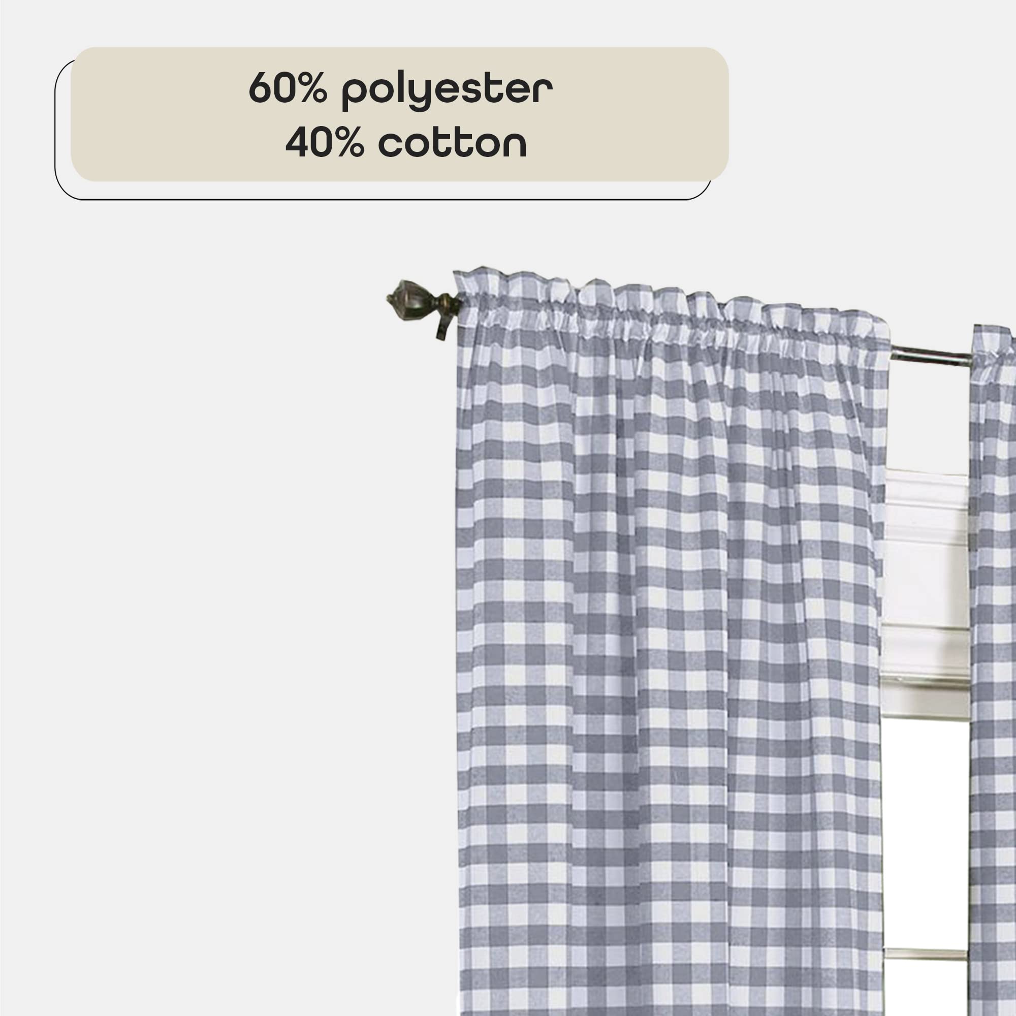 Buffalo Check Panel Window Curtain, 42 Inch Width, 63 Inch Length, Grey & White Plaid - Image 3
