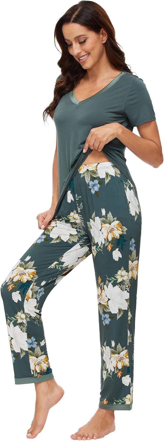 WiWi Womens Viscose from Bamboo Pajamas Set Short Sleeve Top with Pants Pjs Soft V Neck Sleepwear Lightweight Loungewear S-3X
