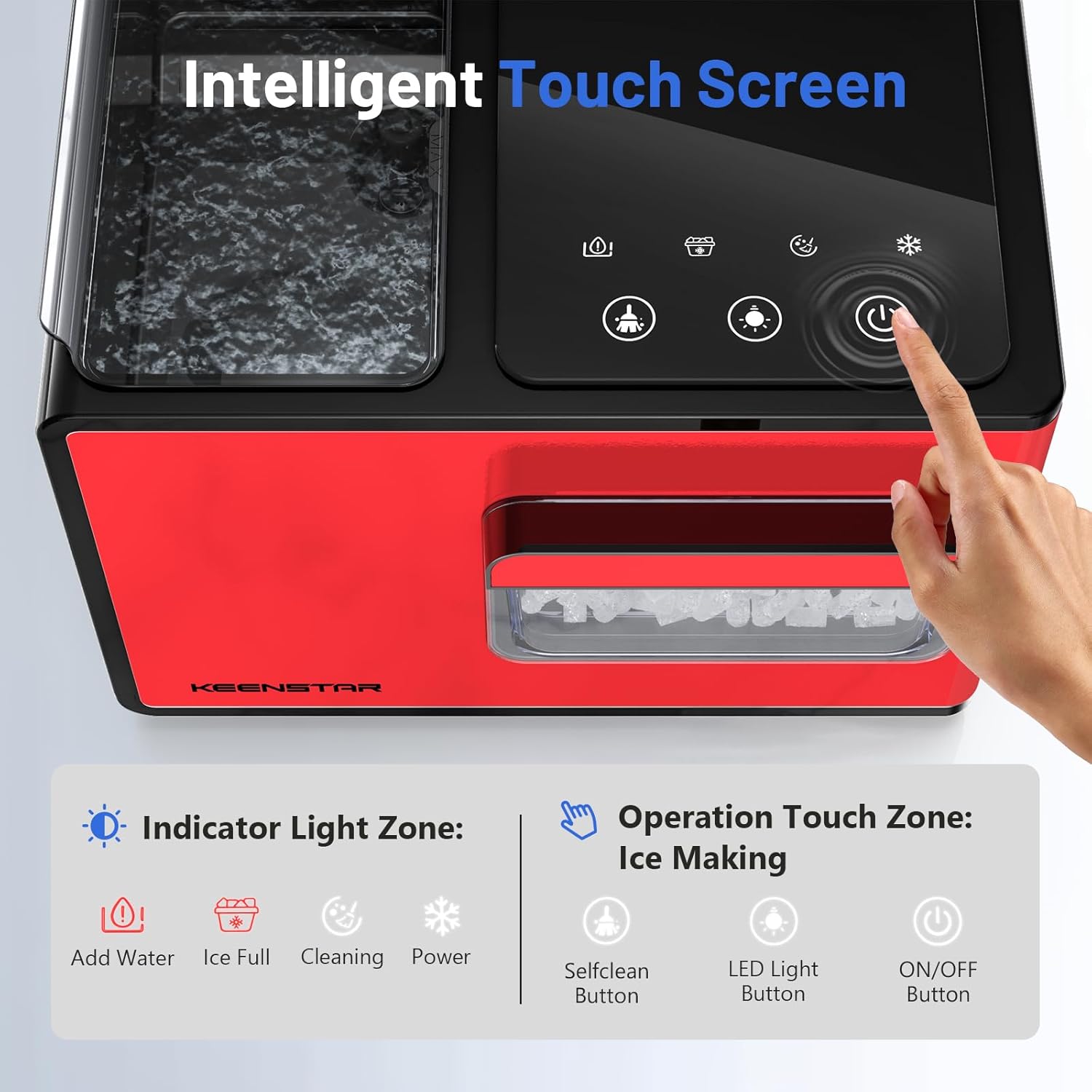 Close-up of the KEENSTAR Nugget Ice Maker's intelligent touch screen control panel, showing indicator lights for Add Water, Ice Full, Cleaning, and Power, along with touch buttons for Selfclean, LED Light, and ON/OFF.