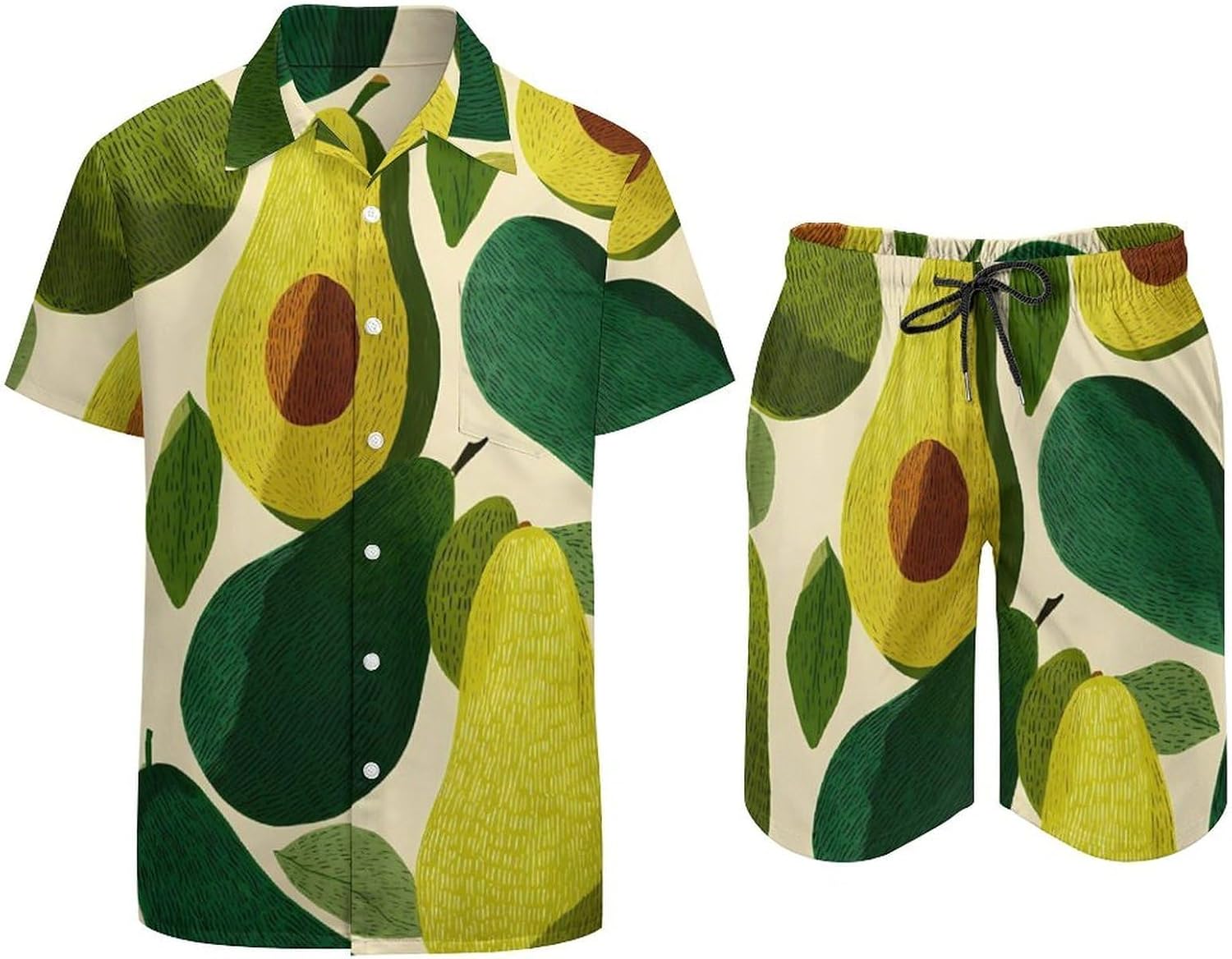 Vintage Avocados Art Men's Summer Beach 2 Piece Outfits | hawaiian button down shirt and shorts,vacation cruise,mens bathing suit