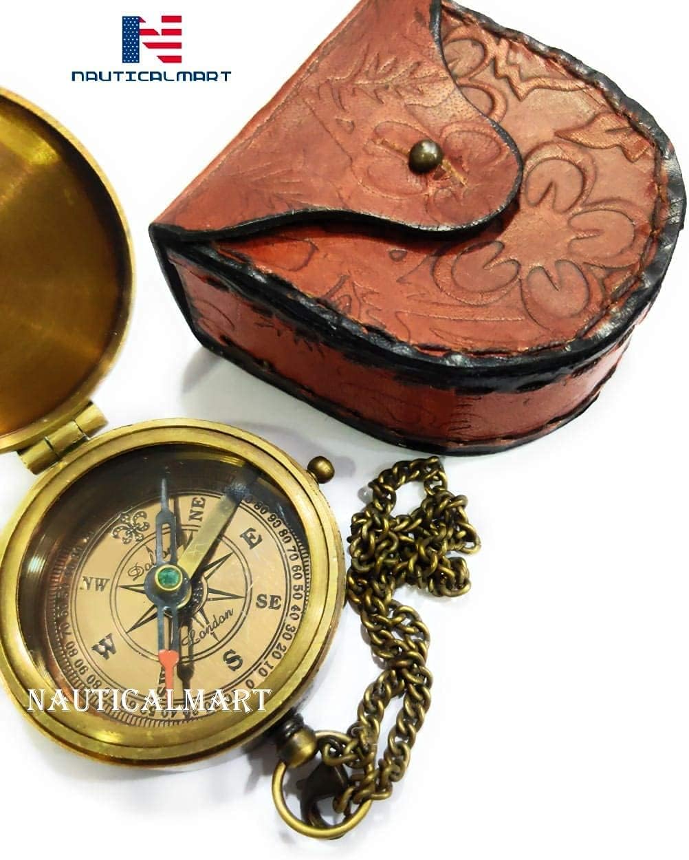 Not All Those Who Wander are Lost Brass Antique Dial Marine Brass Compass Leather Case