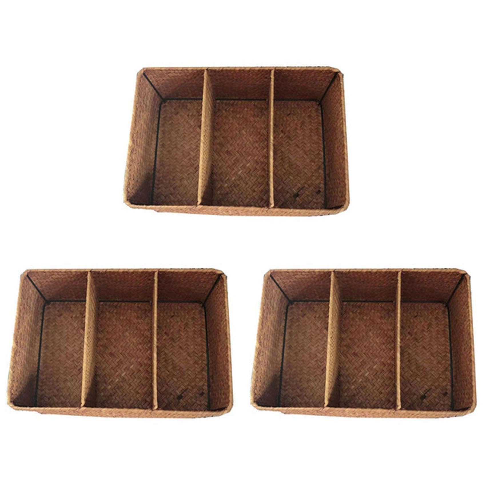 Vjsujehgy 3X 3-Section Wicker Baskets for Shelves, Hand-Woven Seagrass Storage Baskets Toilet Paper Basket Large
