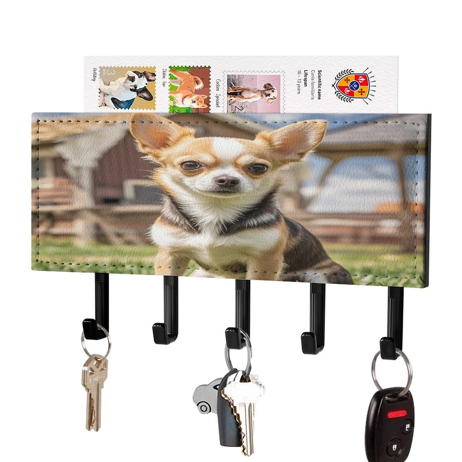 Fekiloot Black-Style Farm Cute Chihuahua Key Holder Wall Mount Key And Mail Holder Key Hanger With 5 Hooks Decorative Pu Key Rack Hanging Key Hooks For Wall Living Room Kitchen Bathroom Hallway