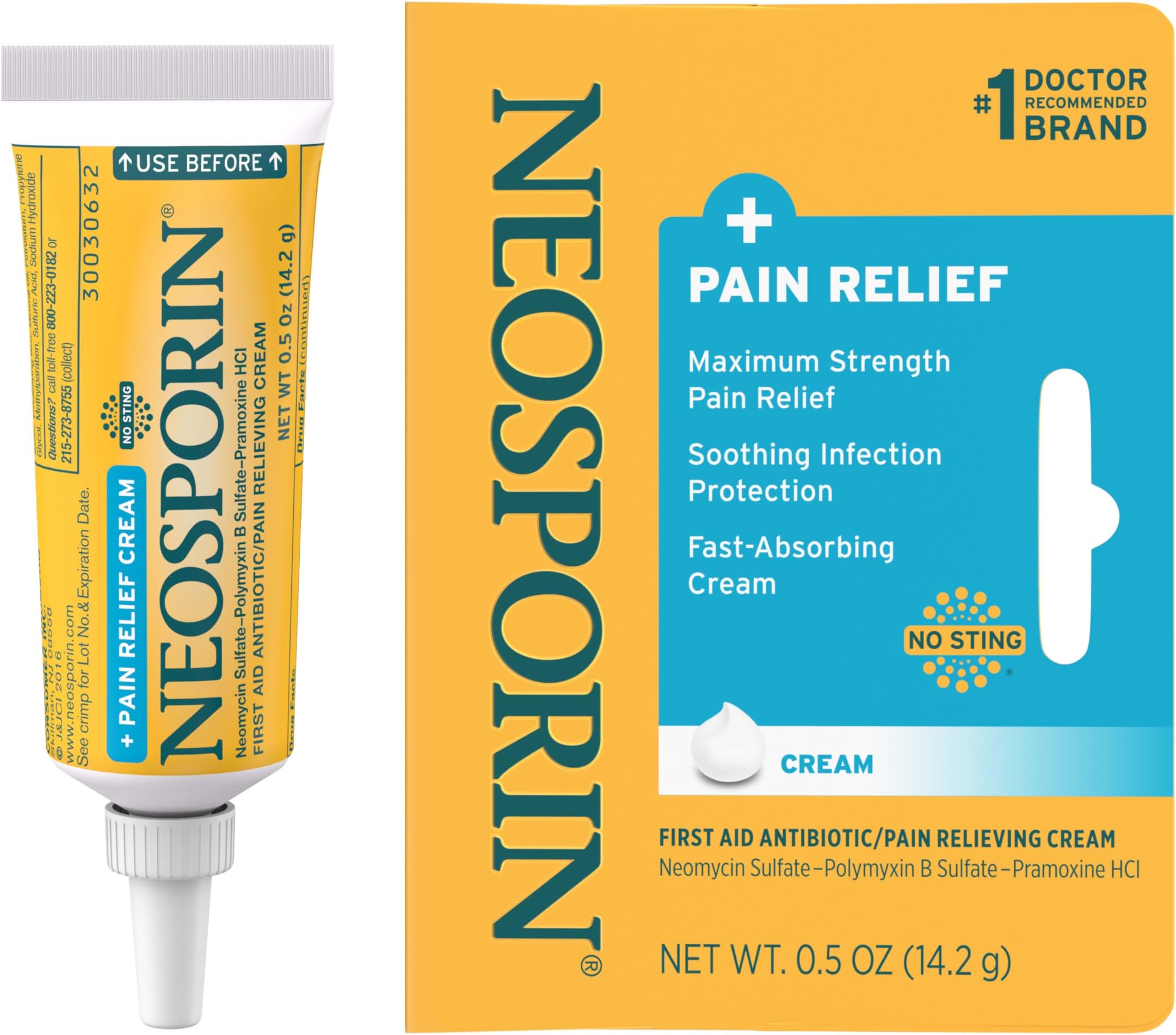 Neosporin + Maximum-Strength Pain Relief Dual Action Cream, First Aid Topical Antibiotic & Analgesic Cream for Soothing Infection Protection & Wound Care of Minor Cuts, Scrapes & Burns, .5 oz, 2 Pack