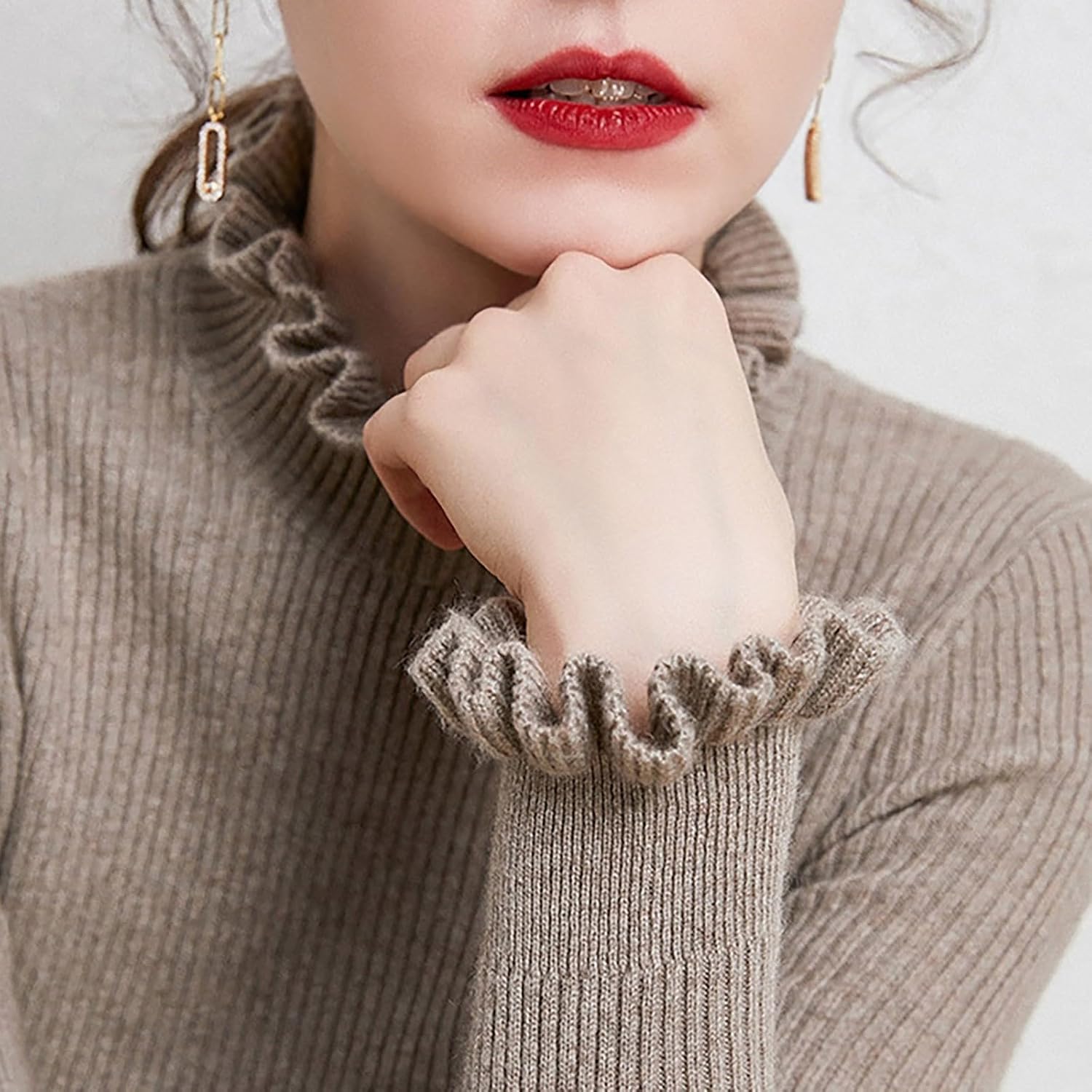 Heevina Sweaters for Women Ruffled Turtleneck High Neck Ribbed Slim Fit Solid Color Long Sleeve Base Fall Winter