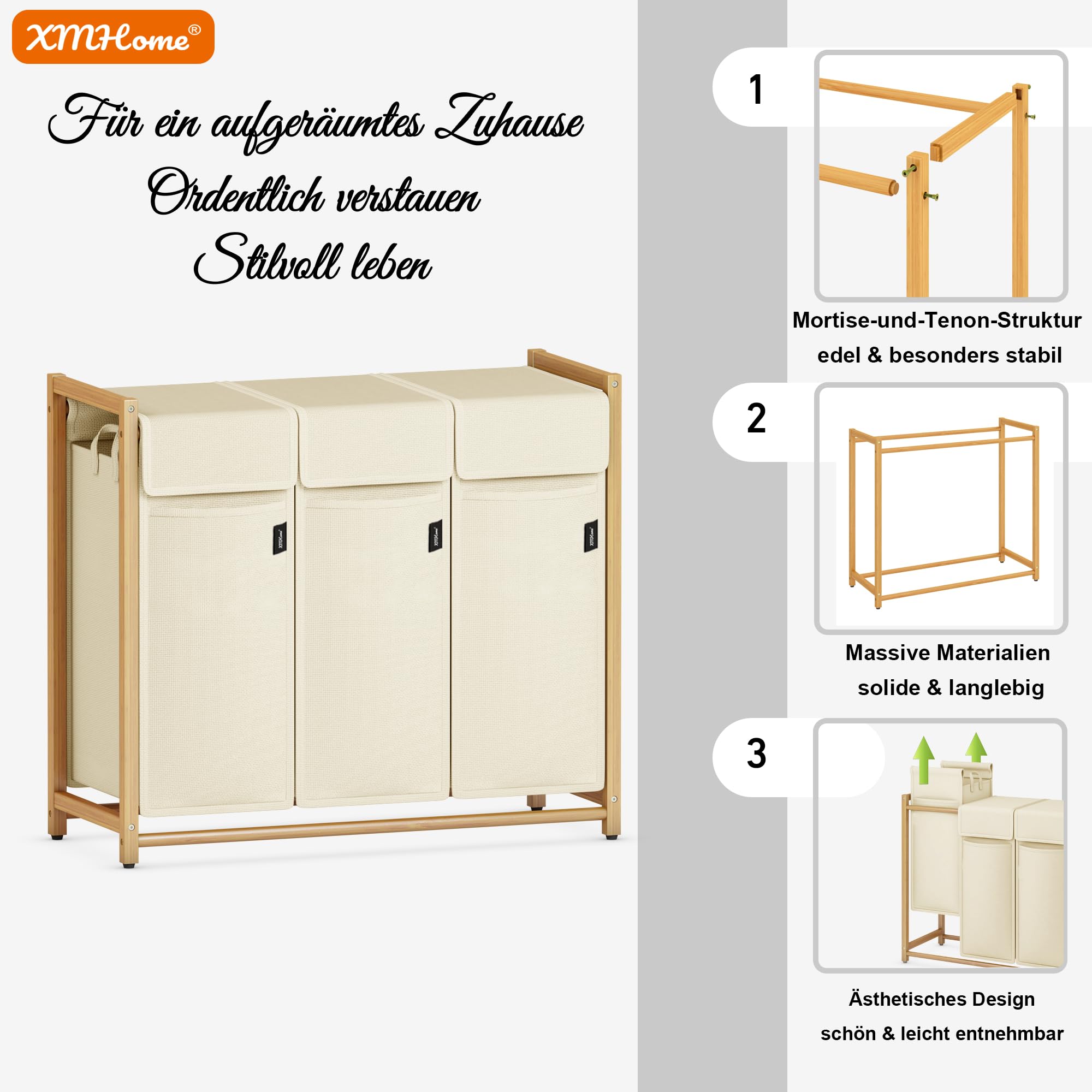Wäschekorb 148L mit 3x49L Fächern Bambus Wäschesammler mit Deckel | Wäschesortierer mit herausnehmbaren Taschen, rechteckige Wäschebox für Schlafzimmer, Bad & Waschküche Beige
