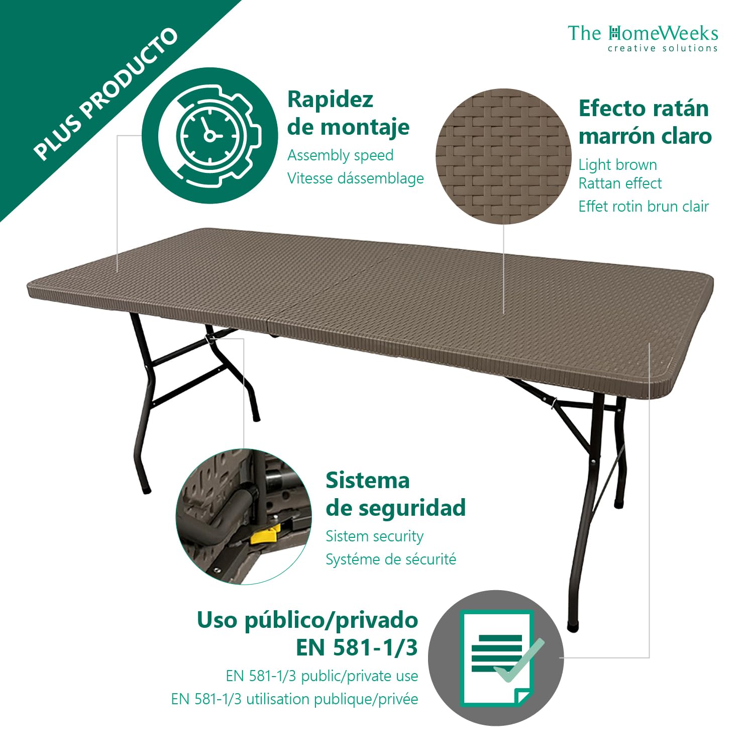 The Homeweeks Mesa Plegable Solid Efecto Ratan Marrón 180cm | portátil | Normativa Uso público | INT/ext | Tablero Resina HDPE 3,5cm | Capacidad 6/8 pers. | Carga 150 kg.