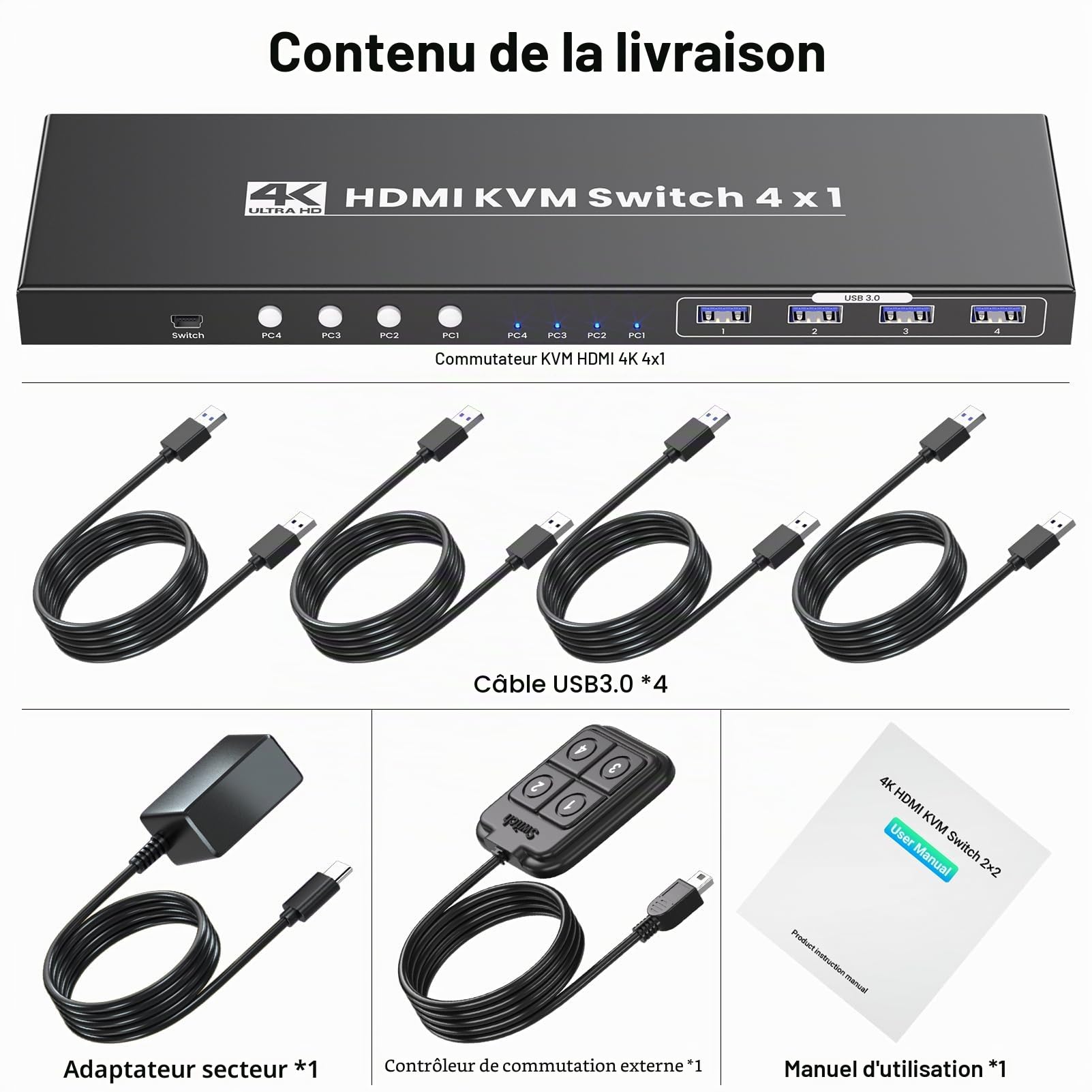 Commutateur KVM HDMI 4 PC 1 moniteur, USB 3.0 4K/60Hz 4 ports HDMI KVM Switch pour 4 PC pour une utilisation commune de 1 moniteur, clavier, souris et autres appareils USB