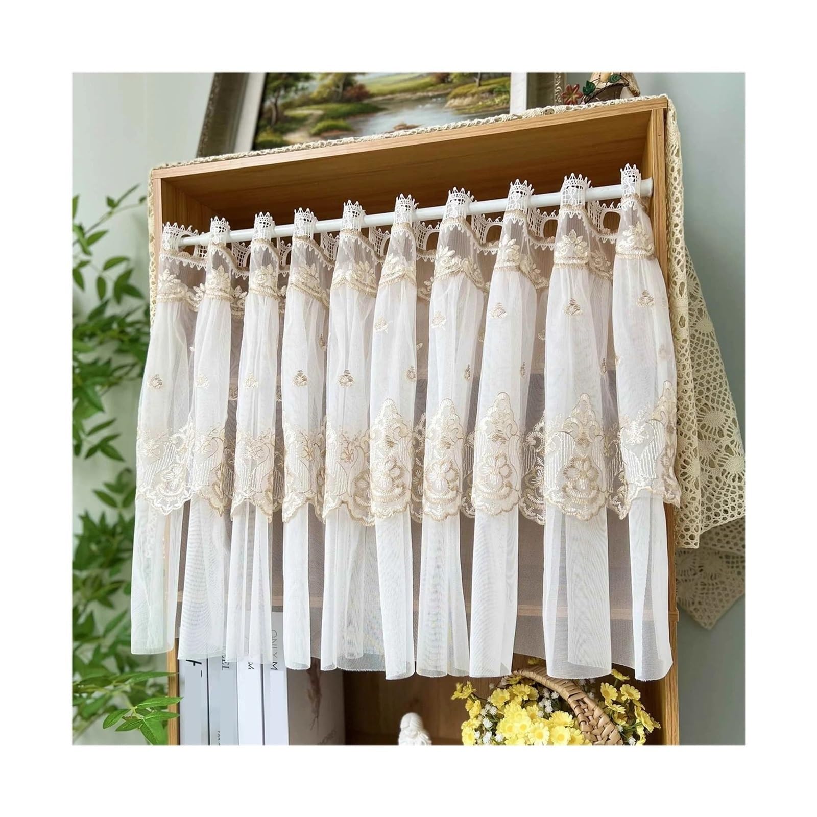 L6NqIAG Cupboard Curtain Rusitc Beige Embroidered Tulle Lace Short Valance Curtain for Kitchen Cabinet Sheer Voile Small Window Vintage Farmhouse Decor(ROD POCKET_1 PANEL W140XH50CM)
