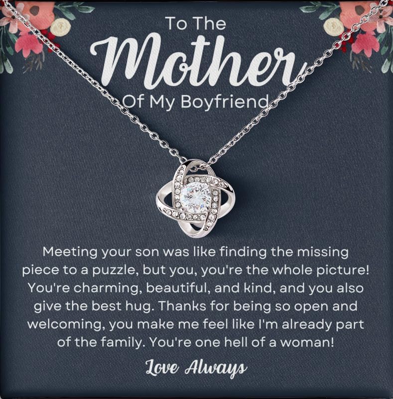 To My Boyfriend's Mom Necklace Message Card Box Love Knot Silver Mahogany - You're Charming, Beautiful - Relationship Mother in Law Meaningful