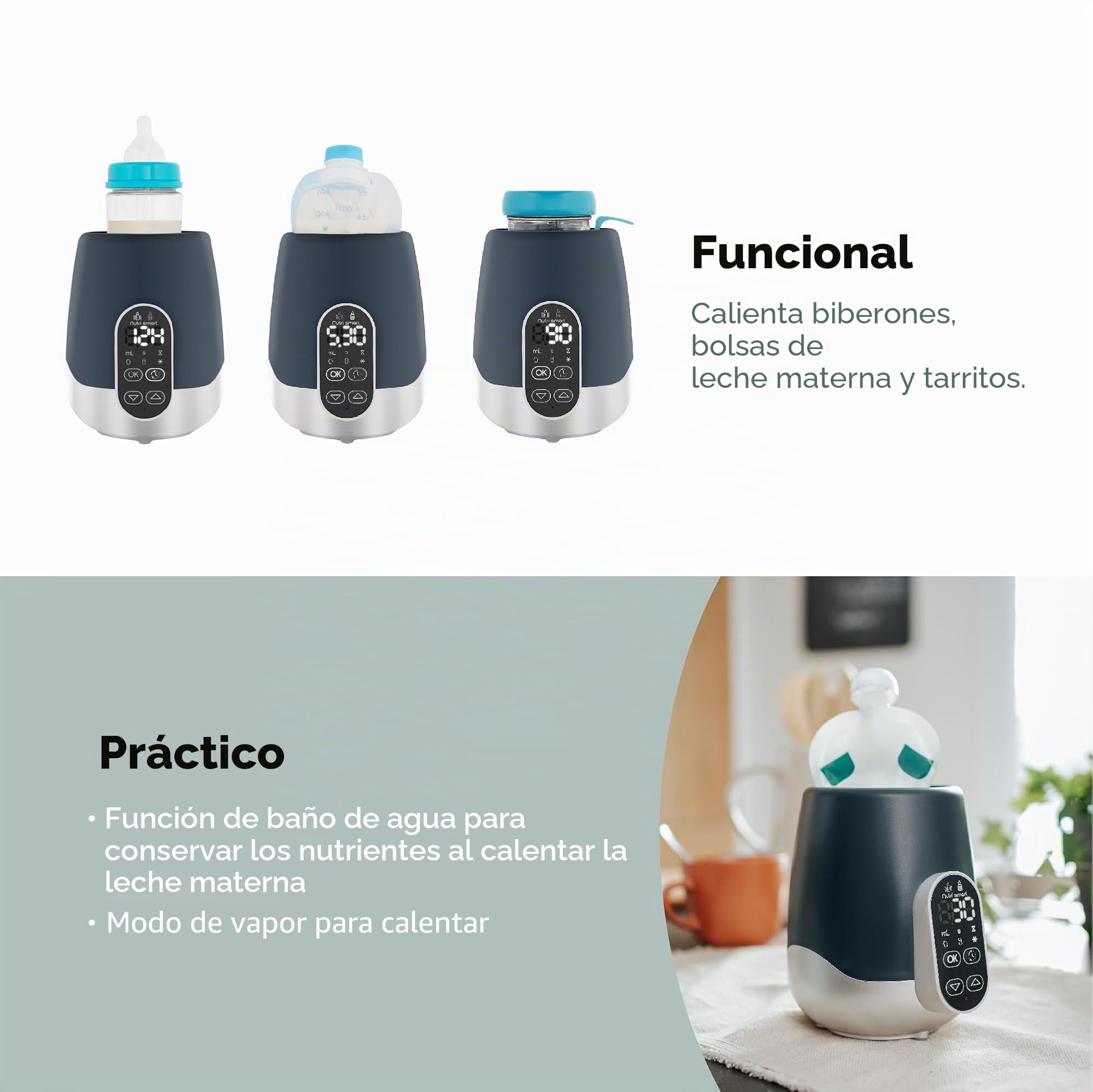 Babymoov NutriSmart - Calentador de biberón y Leche Materna - Baño María/Vapor - Programable - Hogar & Coche