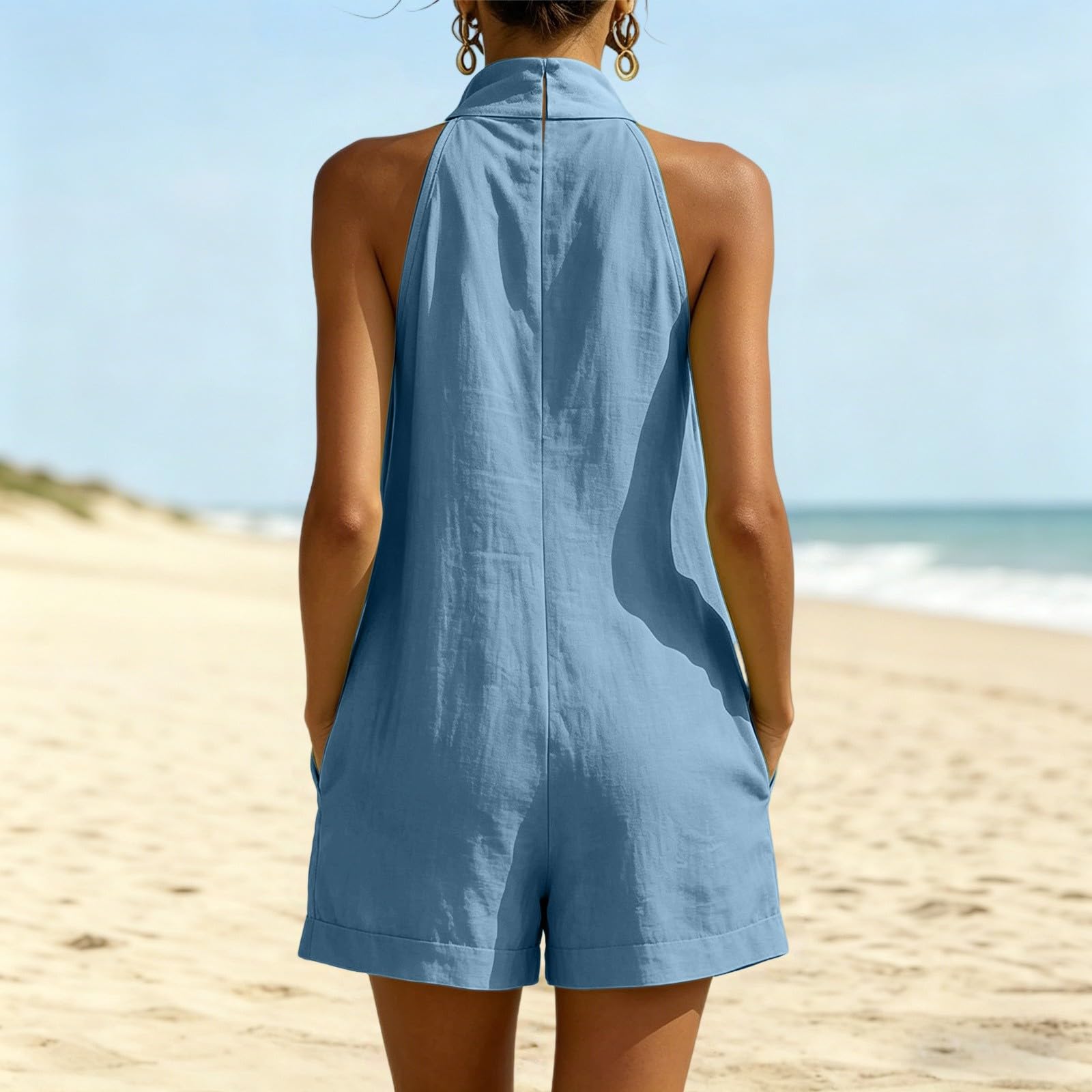 Generisch Combinaison d'été courte pour femme, épaules dénudées, dos nu, col en V, barboteuse en mousseline de soie, couleur unie, salopette baggy pour la plage, les loisirs