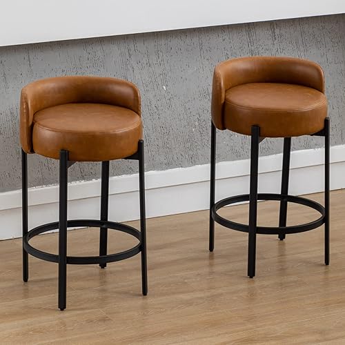 LukeAlon Mid Century Linen - Juego de 2 taburetes de bar tapizados de 26.5 pulgadas de altura de asiento bajos con patas de madera natural,