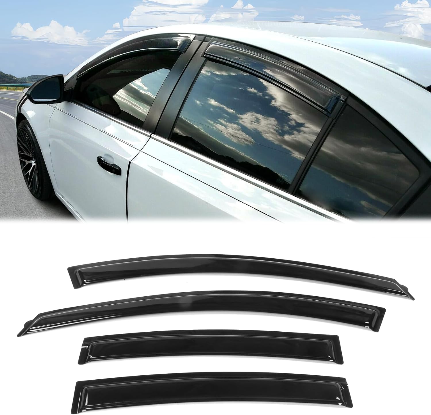 FREEMOTOR802 Tape-on Window Deflectors Fits 2010-2015 Chevrolet Cruze & 2016 Cruze Limited, Rain Guards Side Window Visors Wind Deflectors Vent Visors Slim Style Smoke Tinted Acrylic 4 PCS