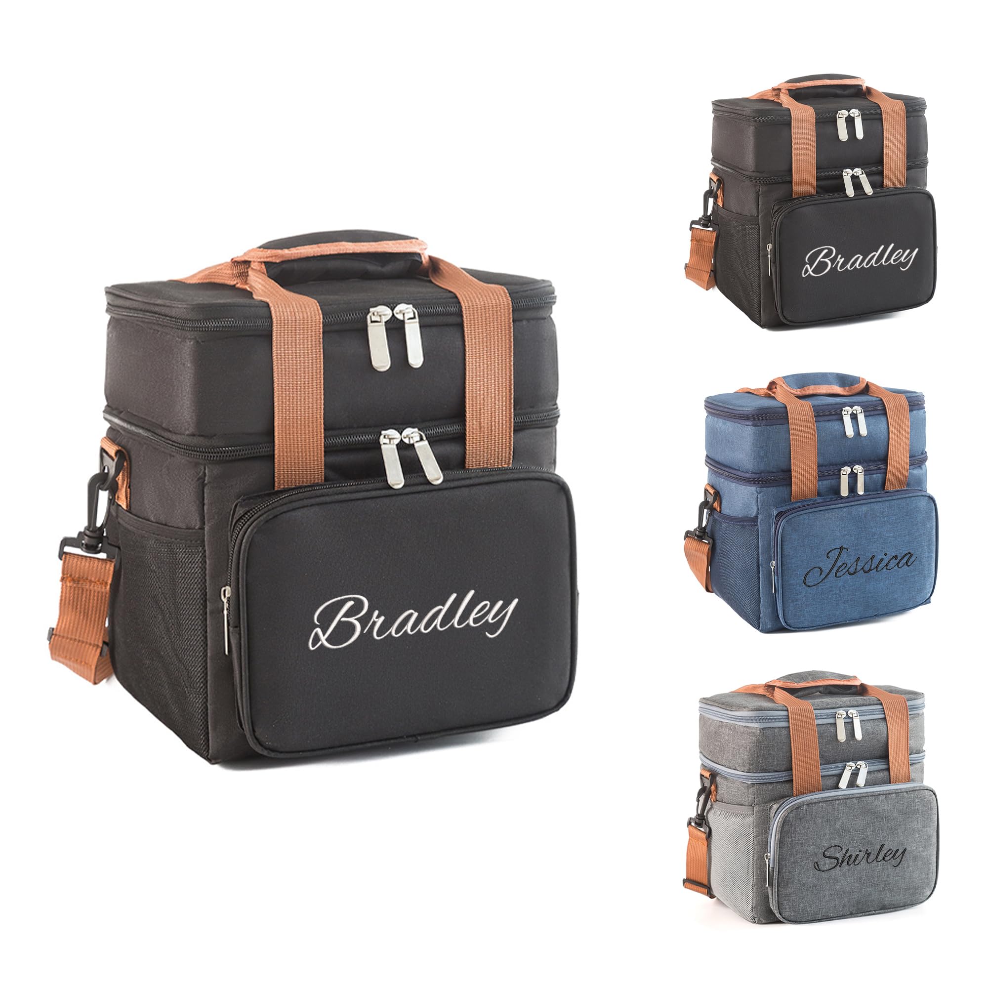 Embroidery Personalized Insulated Large Lunch Box with LOGO & Name, Double Deck Heavy Duty Durable Lunch Bag Leakproof Cooler Bags for Men Women Adults Work Shift Flight Beach Daytrip, 13L