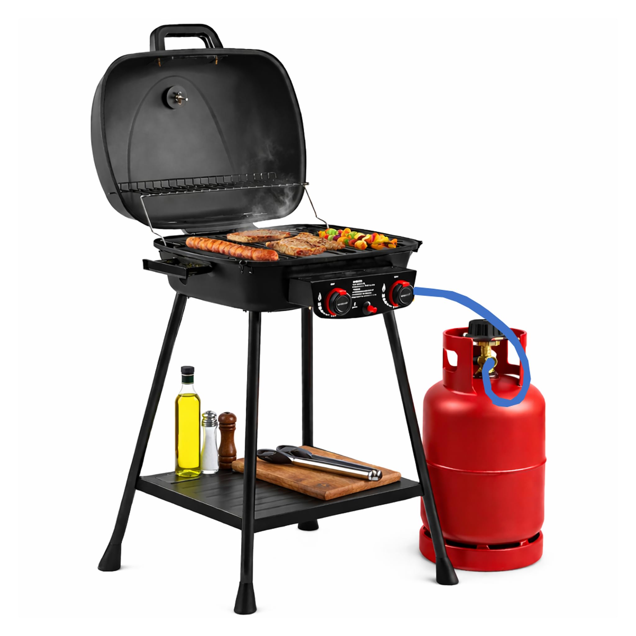 Barbecue a gas 2 fuochi bbq con griglie in ghisa e accensione piezo e mensola portaoggetti - compatto e stabile h. 90,3cm