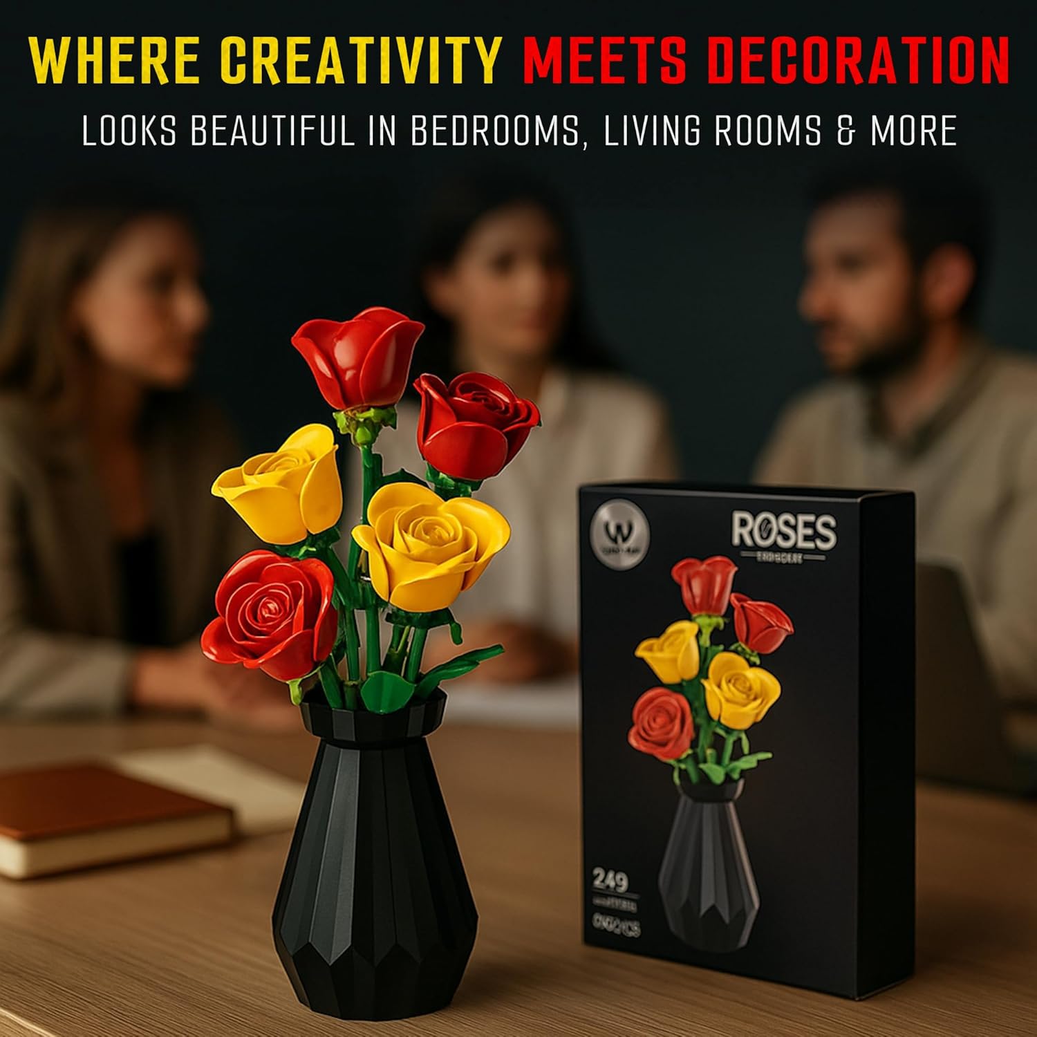 Flower Building Set Compatible with Lego Flowers for Adults, Roses Flower Bouquet botanicals Collection Unique Home Décor or Office Décor Great Gift for Her and Him (VASE Included) (Flowers Roses)