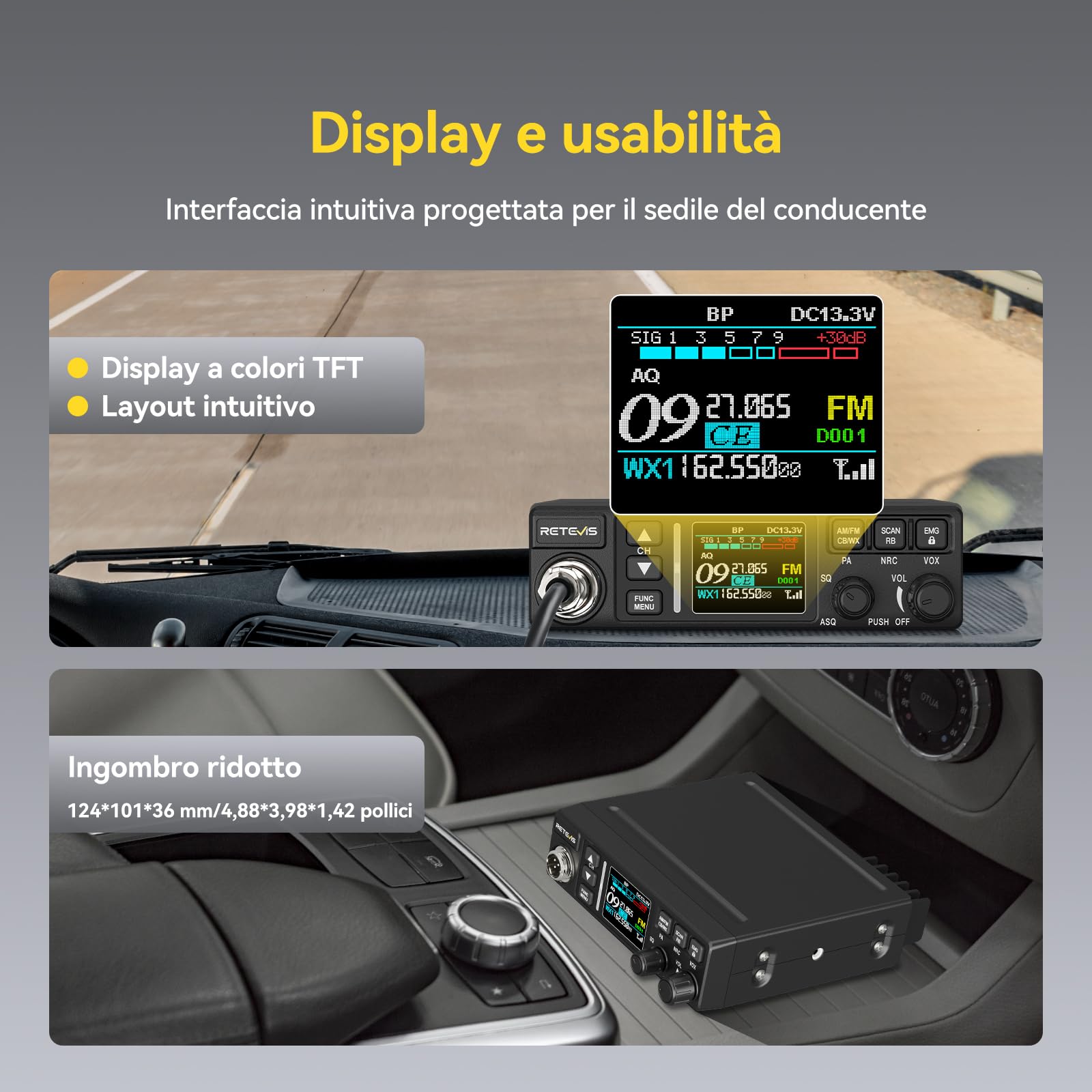 Retevis MB63B CB Radio e Antenna, NRC Cancellazione Del Rumore Radio CB Veicolare,12V/24V, AM/FM, TFT Colori, CTCSS/DCS, VOX, 40 Canali,EMG CH9/19 Radio CB Portatile per Team Fuoristrada (1 Pezzo) - 4