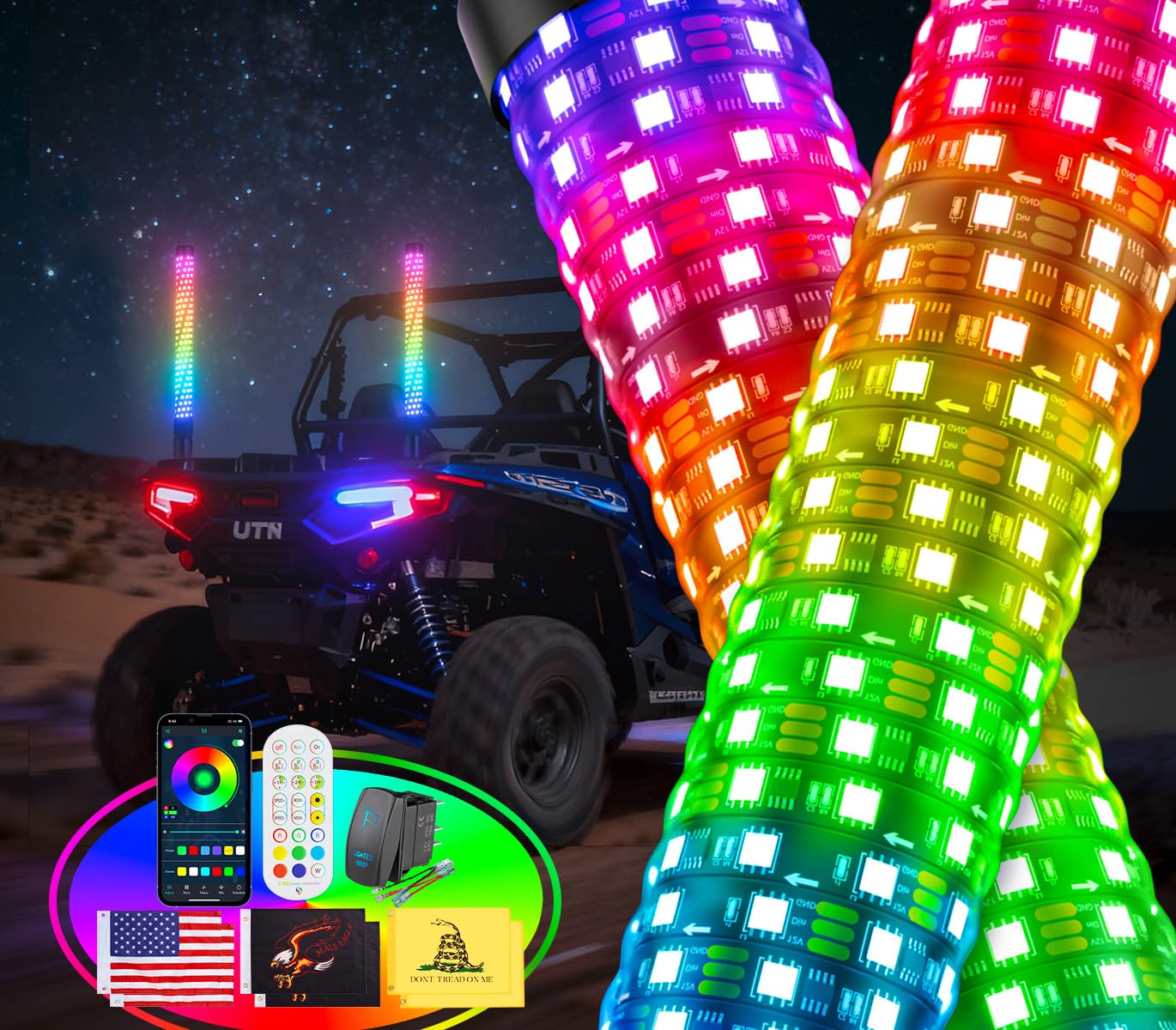 Ehaho 2PCS 2FT Fat Whip Lights, New IP68 RGB Chasing APP &amp; Remote Control