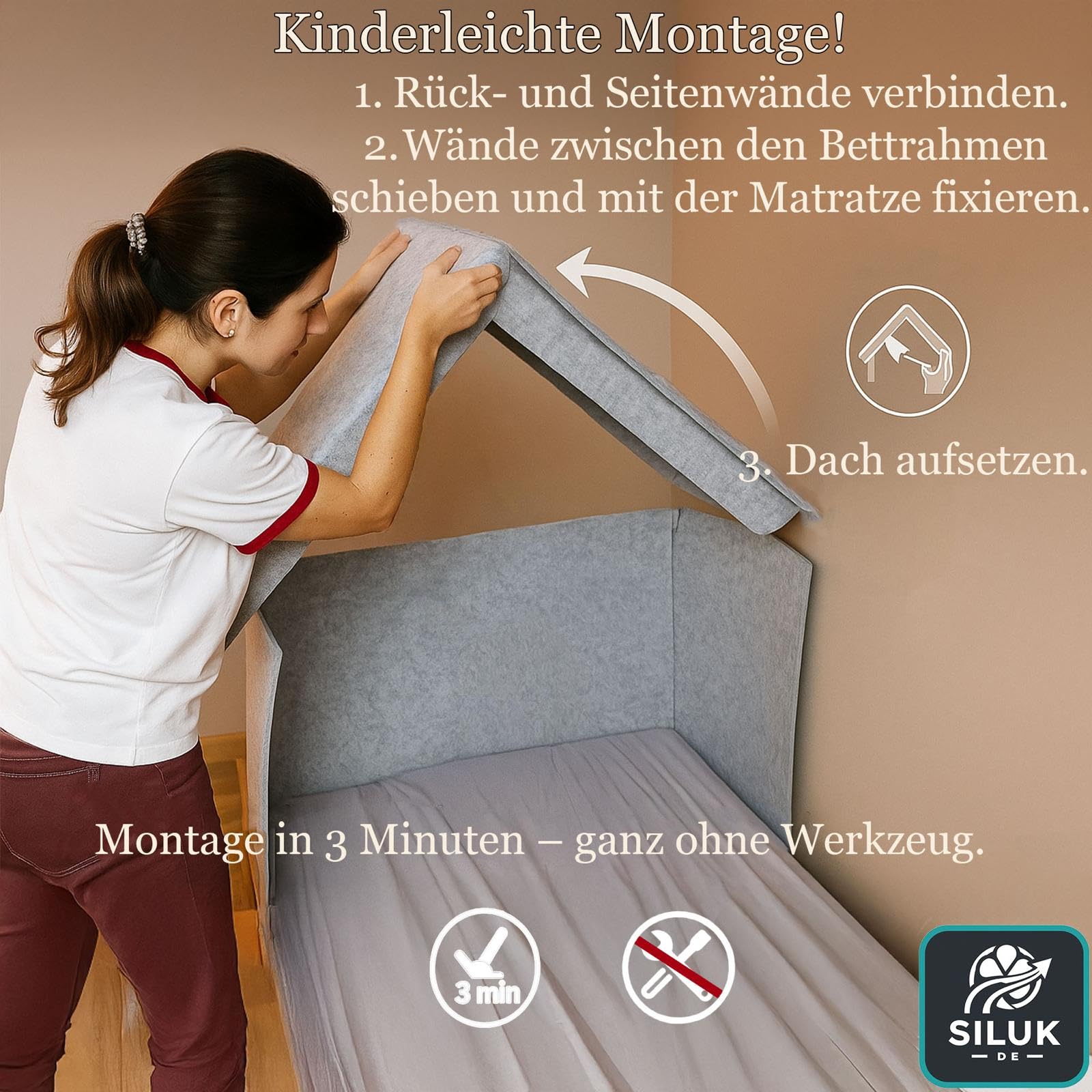 SILUK Filz Hausbaldachin für 90 cm Kinderbett – Stabiler Bettaufsatz mit Rausfallschutz, Spielhaus & Kuschelecke für Zuhause und Garten, Grau Made EU!