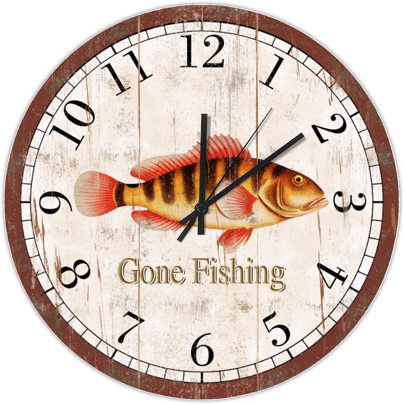 Retro Cute Fish Clock Gone Fishing Wall Clocks 15",Round Decorative Wood Wall Clock,Retro Hanging Silent Wooden Wall Clock for Bedroom Kitchen Living Room Kid's Room Home Decor