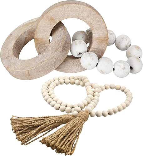 Juego de 2 piezas decorativas de cadena de eslabones de madera y guirnalda de cuentas, juego de guirnalda de cuentas de madera natural, cadena de