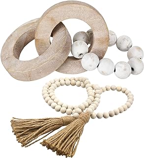 2 Pieces Decorative Wood Knot Link Chain Decor and Bead Garland Set Farmhouse Aesthetic Natural Wooden Knot Chain Link Wood Bead for Boho Country Home Table Decor(Classic Colors)