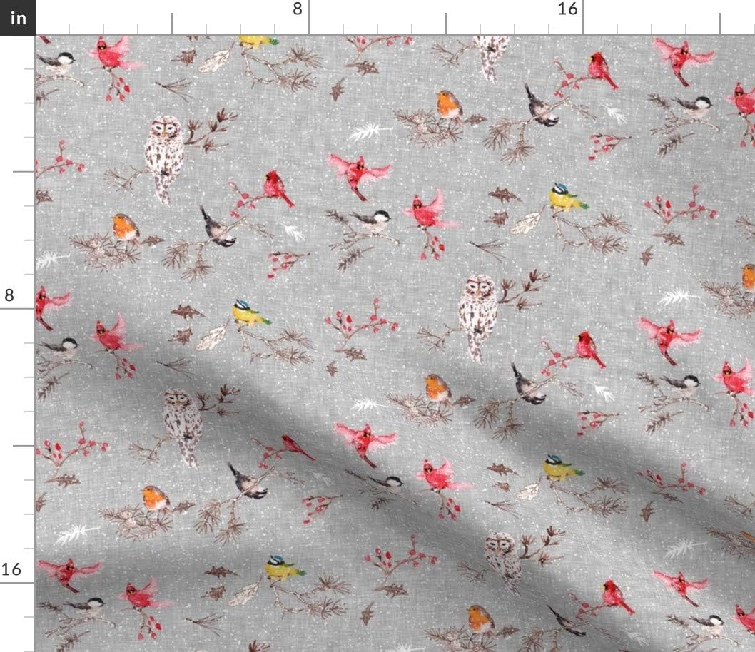 Spoonflower Fabric - Birds Gray Bird Sparrow Winter Cardinal Christmas Tree Snow Robin Printed on Petal Signature Cotton Fabric by The Yard - Sewing Quilting Apparel Crafts Decor