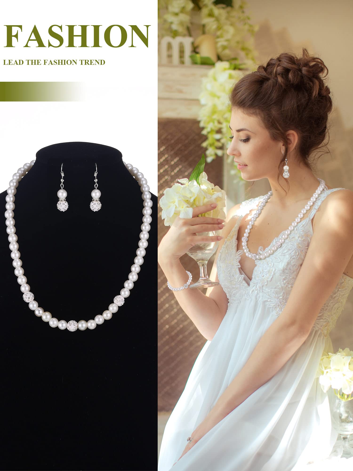 BBTO 8 Pcs Pearl Necklace and Earrings Set for Women Pearl Bracelets Costume Jewelry Set for Wedding Bridal Halloween Party