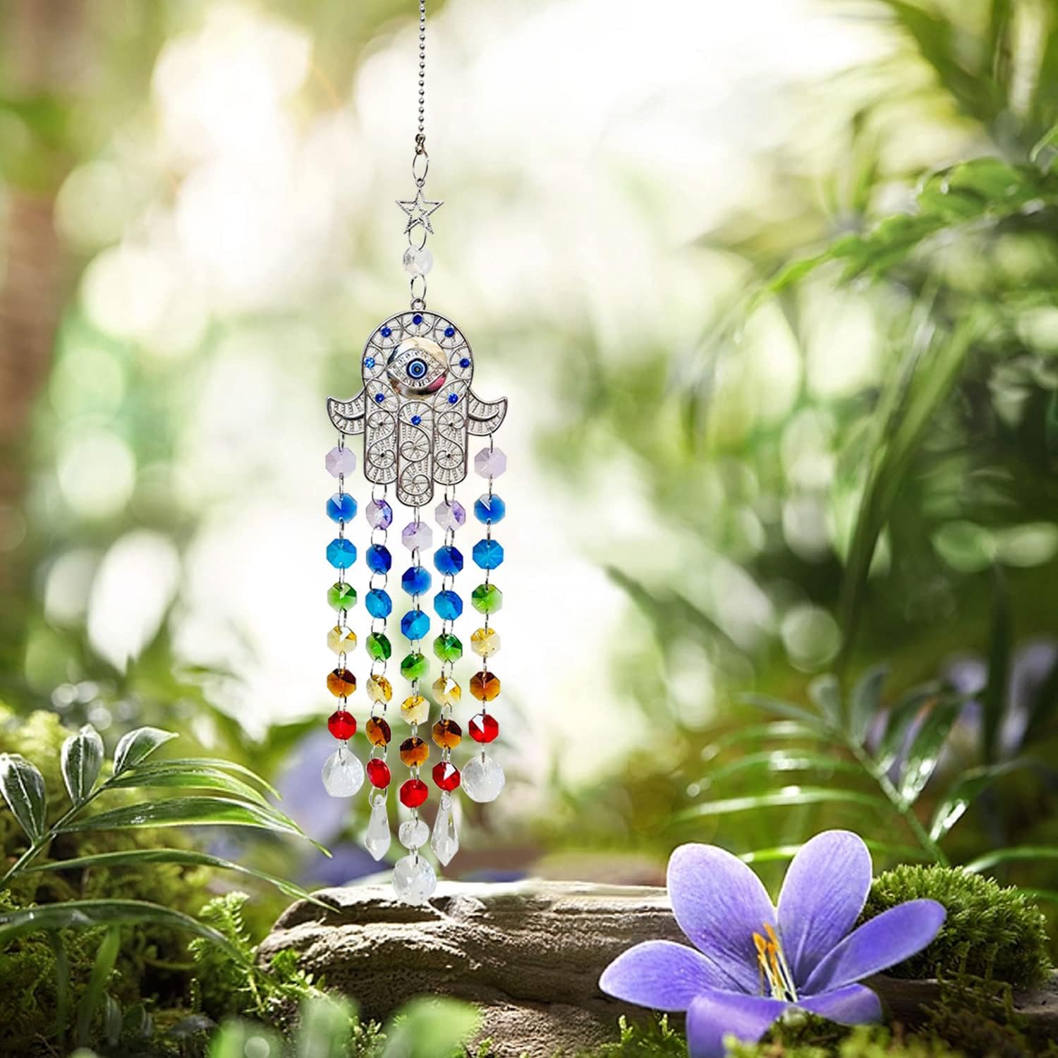 Hamsa Palm Metal Wind Chimes Evil Eye Chakra Glass Beads Wind Chimes Hand Hanging Crystal Sunglasses Decorations Rainbow Maker for Balconies, Courtyards Wall Art Decorative Gifts