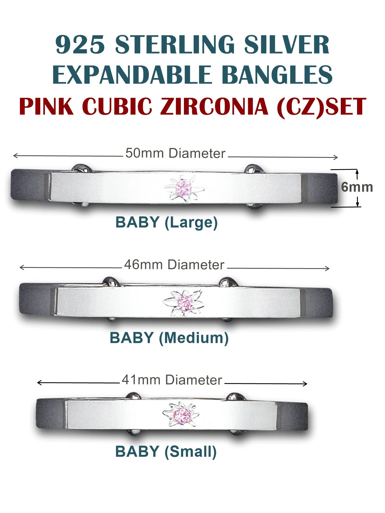 HSFJGSF Set di Cristalli Rosa/zirconi cubici (CZ) Bracciale Rigido espandibile/espandibile/Regolabile per Neonati/Bambini - Argento Sterling 925 - Gioielli per Neonati/Bambini