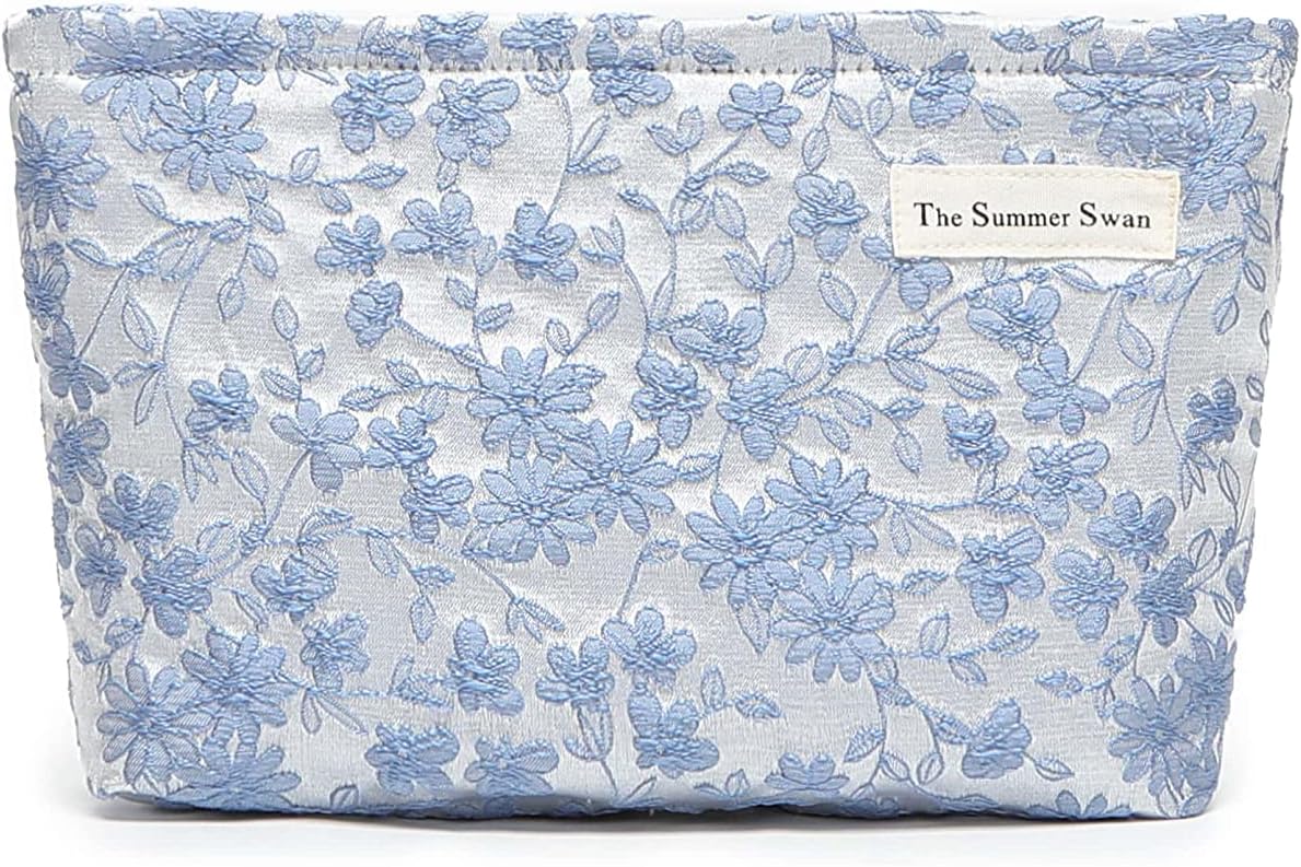 The Summer Swan Floral Embroidery Blue Cosmetic Bag - Large Aesthetic Makeup Travel Pouch for Skincare & Essentials (10.5x7.5in)