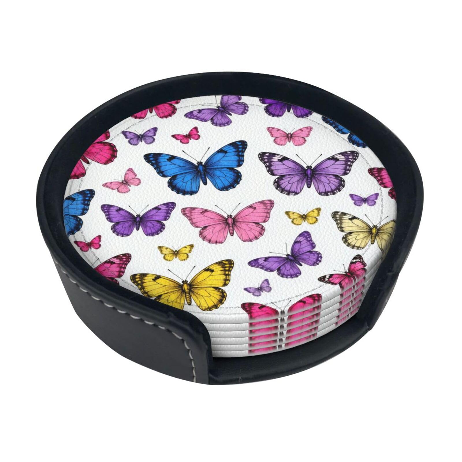 Butterfly Leather Coasters-Set of 6 with Storage Holder
