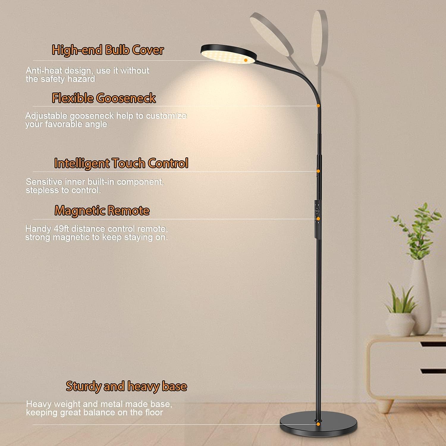Keepsmile LED Floor Lamp with Touch and Remote Control 4 Color Standing Lamp with Stepless Dimmer Memorable Led Lamp Adjustable Gooseneck Reading Floor Lamps for Bedrooms, Living Room and Office