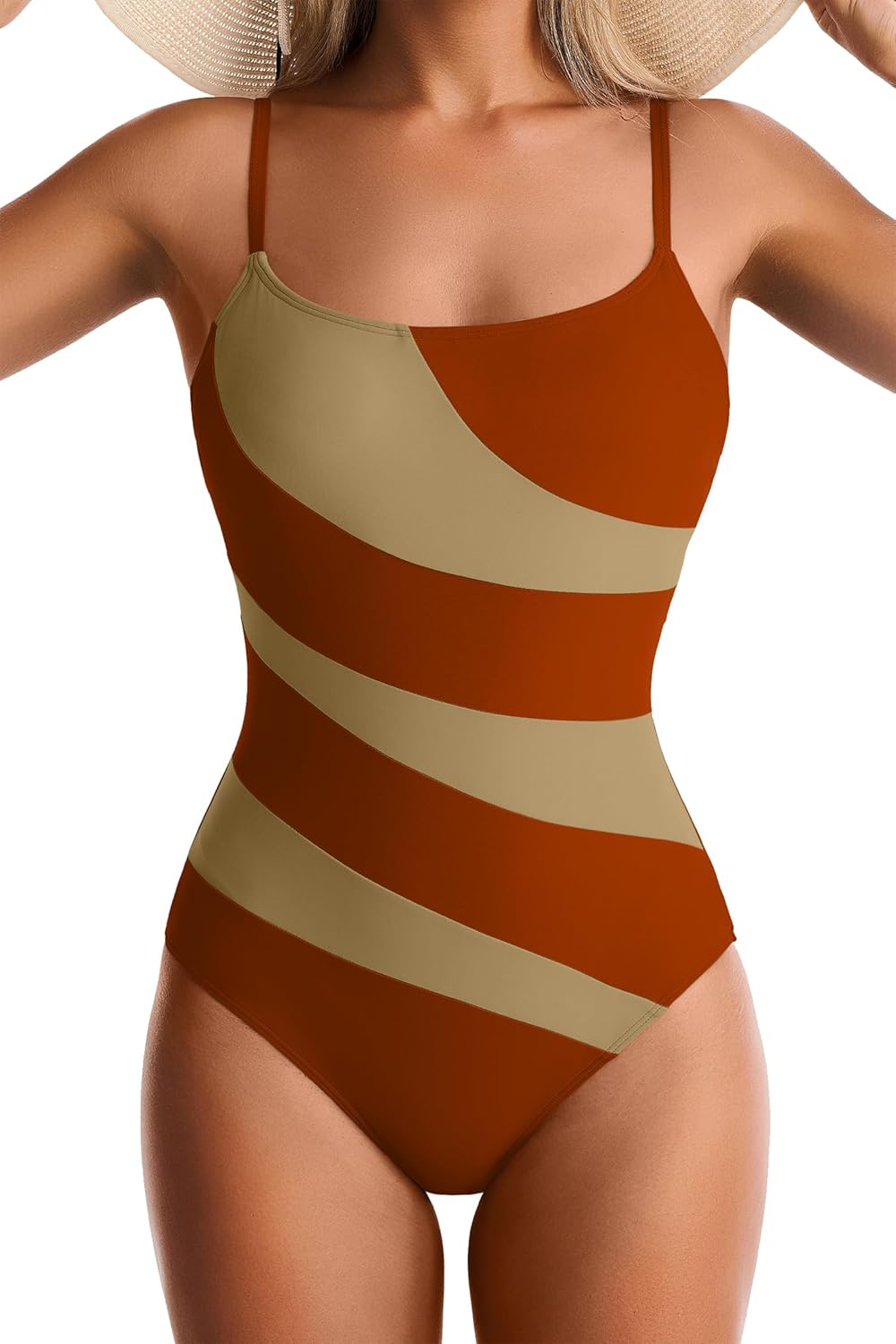 Womens One Piece Swimsuits Tummy Control Color Block Bathing Suit Square Neck Swim Suit Slimming Swimwear
