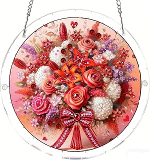 Acrylic Suncatcher Puzzle Wrapped Red Rose Handheld Bouquet Decor Pattern 7.4inch Window Hanging Home Decor