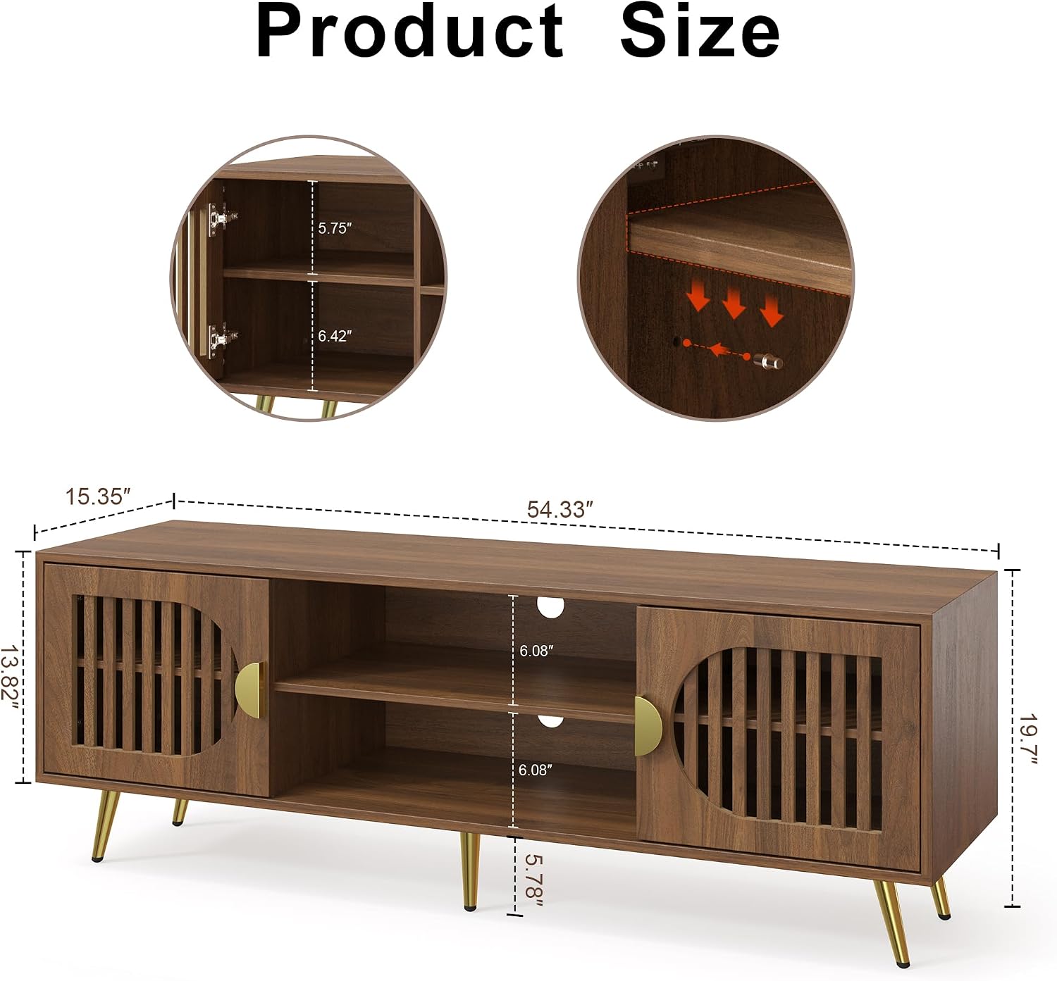 Walnut 55" TV Stand for TVs up to 65 Inch, Mid Century Modern Entertainment Center with Storage Shelves, Media TV Console Table with Storage Cabinet, Wooden Media Furniture for Living Room, Bedroom