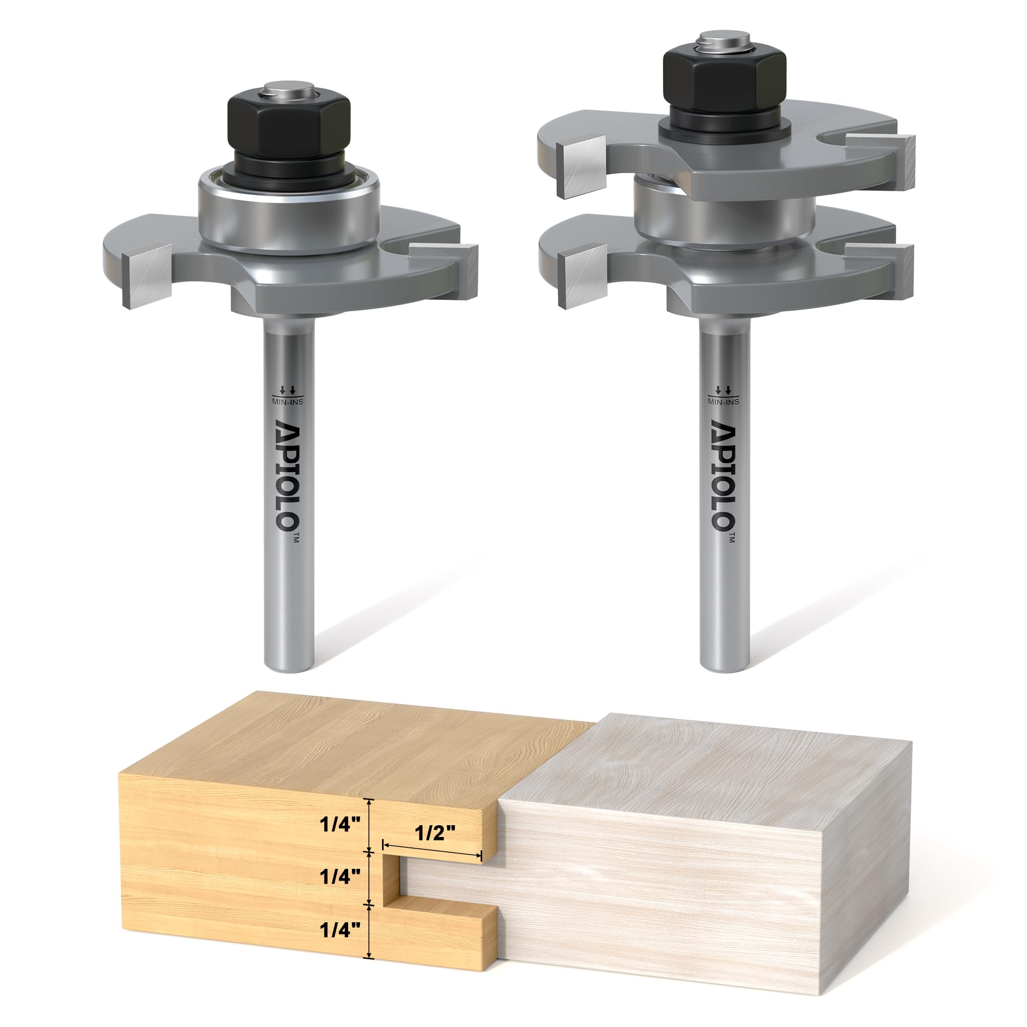 APIOLO Professional 2 PCS Tongue and Groove Router Bit Set 1/4 Inch Shank, 3 Teeth T Shape Wood Milling Cutter Woodworking Tools, for DIY Doors Tables