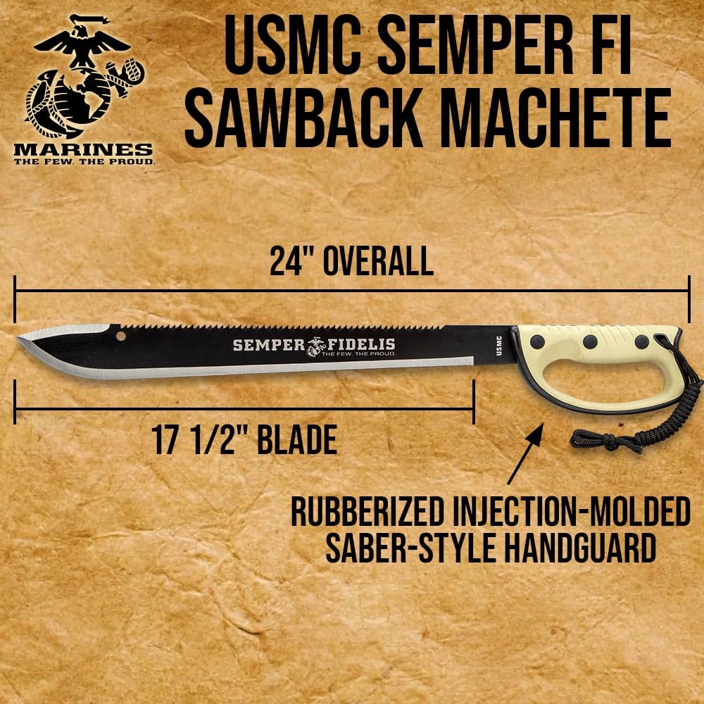 United Cutlery USMC Semper Fi Sawback Machete Knife with Sheath | Full-Tang Machete | 17 1/2" Non-Reflective Stainless Steel Blade | Saber-Style Handguard Handle | Modern Tactical Weapon - 24” Overall