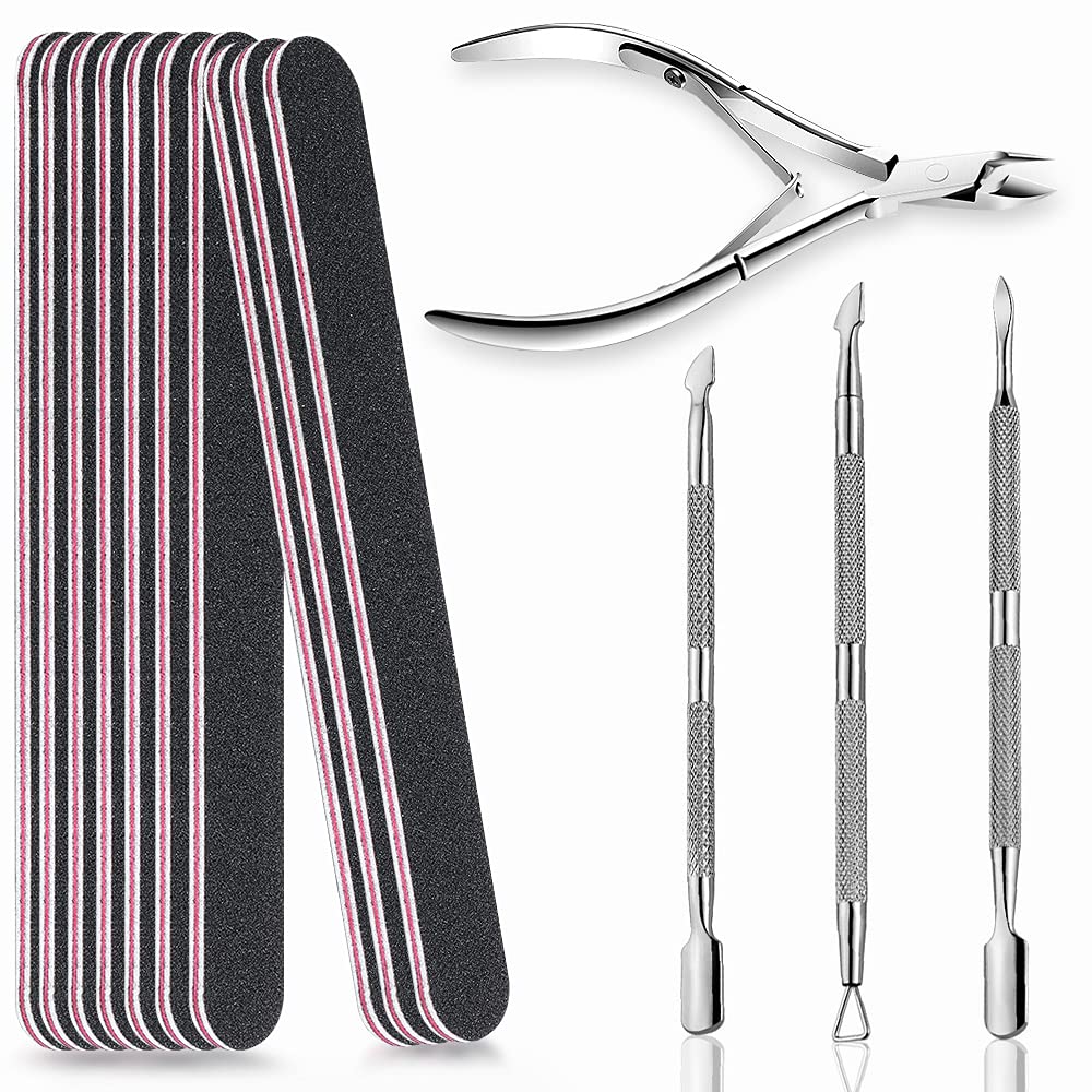 10 Pcs Nail Files 100/180 Grit Emery Board Filer with Cuticle Pusher Trimmer and Nail Foil Wraps Soak Off Cotton Pads for Acrylic Natural Fingernail