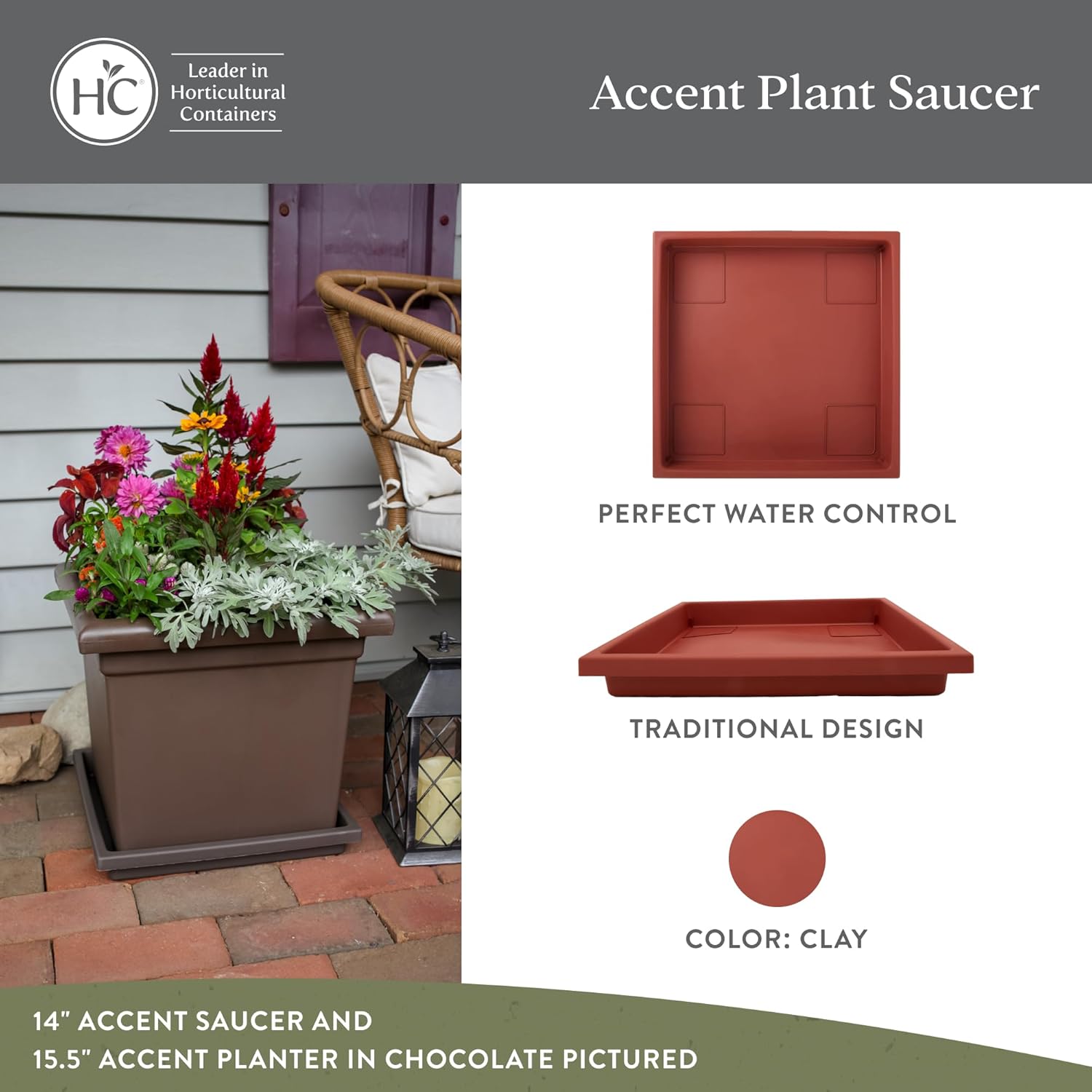 The HC Companies Accent Square Plant Saucer - Durable Plastic Trays for Plants - Stylish Square Tray for Water Drainage - UV Resistant Planter Saucer for Indoor & Outdoor Use (11”, Clay, Pack of 1)