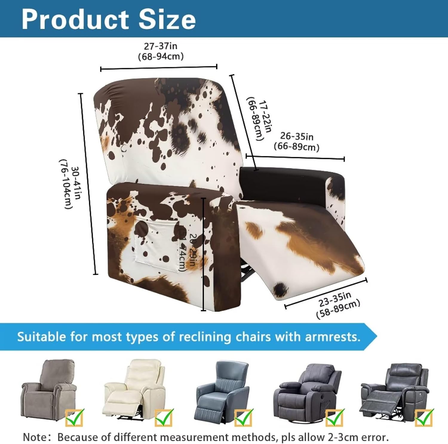 Cow Print Recliner Cover 4-Pieces Stretch Lazy Boy Recliner Chair Covers with Storage Pockets for Living Room Sofa Couch Cover Furniture Protector Washable