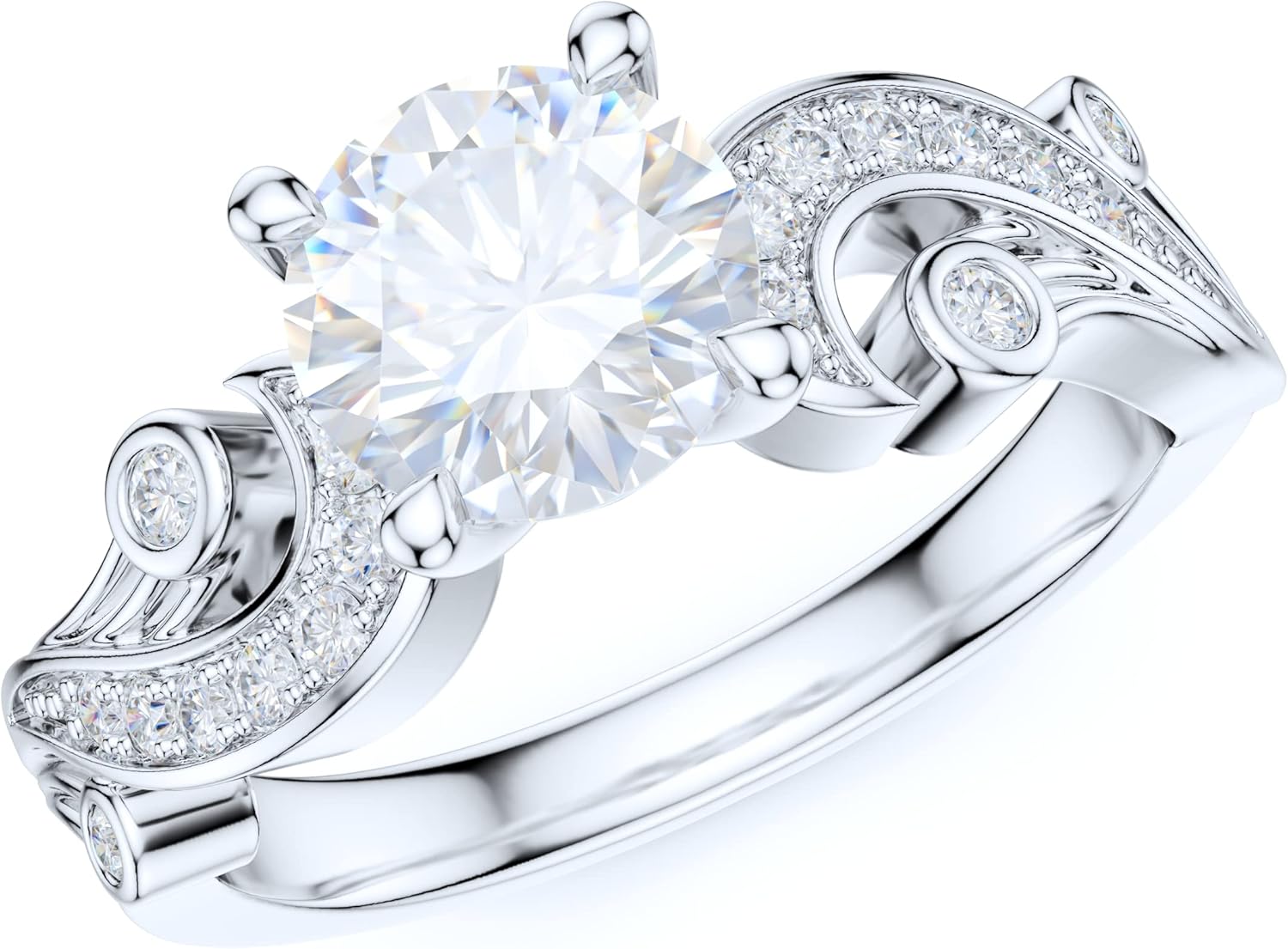 Sterling Silver Filigree Art Deco Vintage Style 1CT Simulated Round Brilliant Diamond or Genuine Moissanite Promise Engagement Ring Bridal